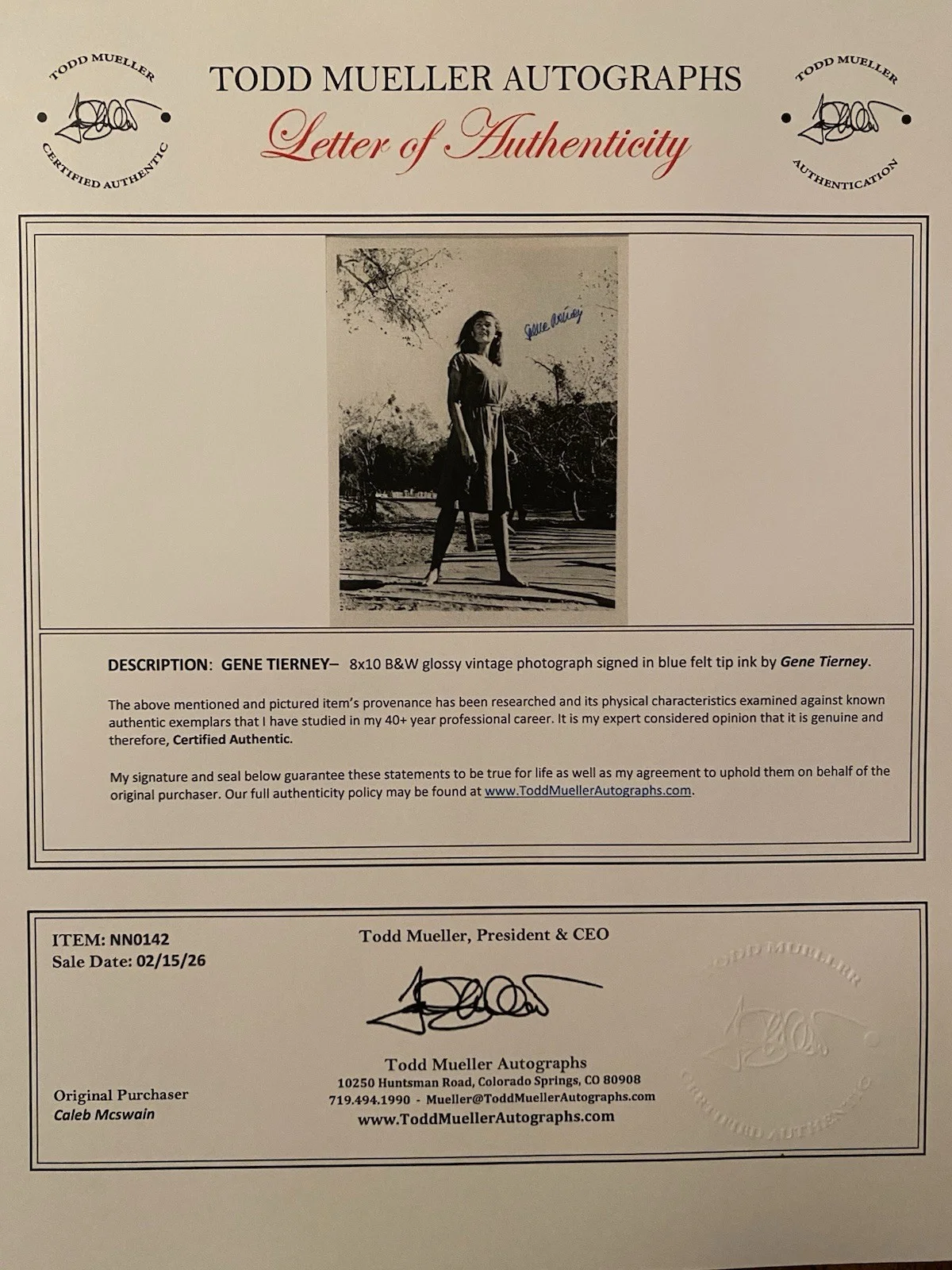 Gene Tierney — Gene Tierney Signed Autographed Photo With COA Laura Leave Her To Heaven, image 5