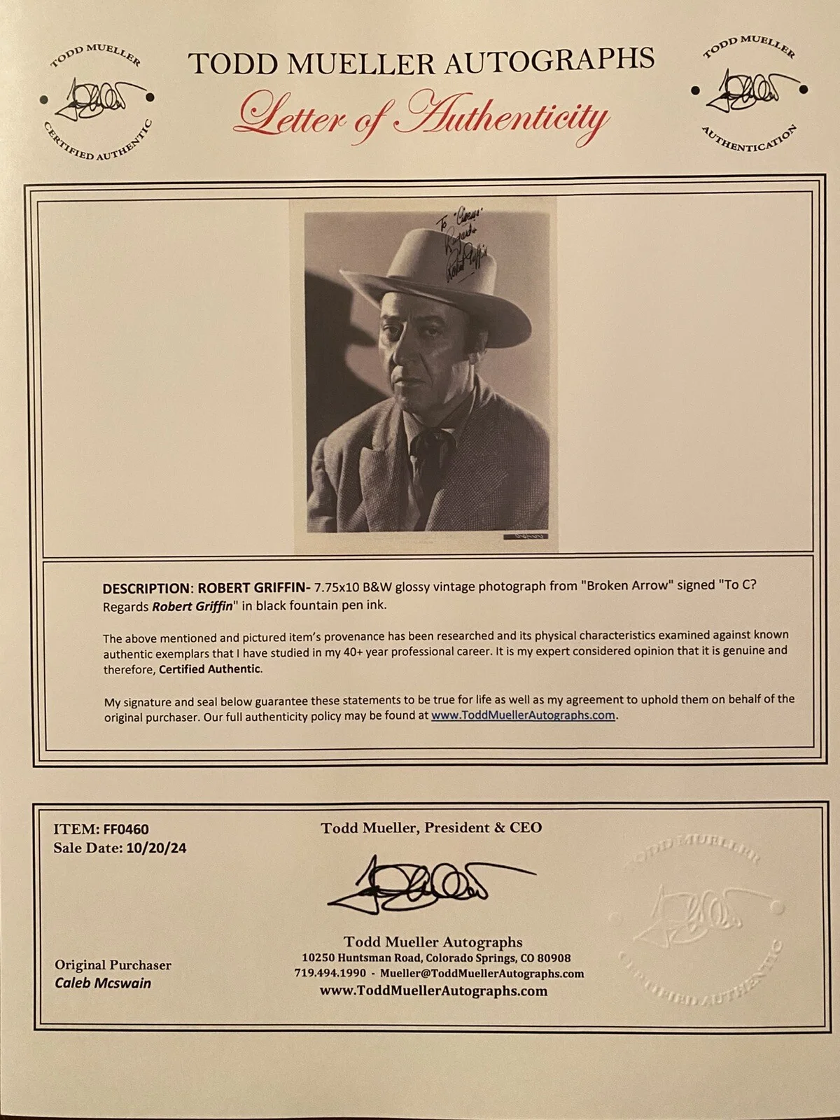 Robert Griffin — Robert Griffin Signed Photo With COA Broken Arrow The Bravados Machine Gun Kelly, image 4