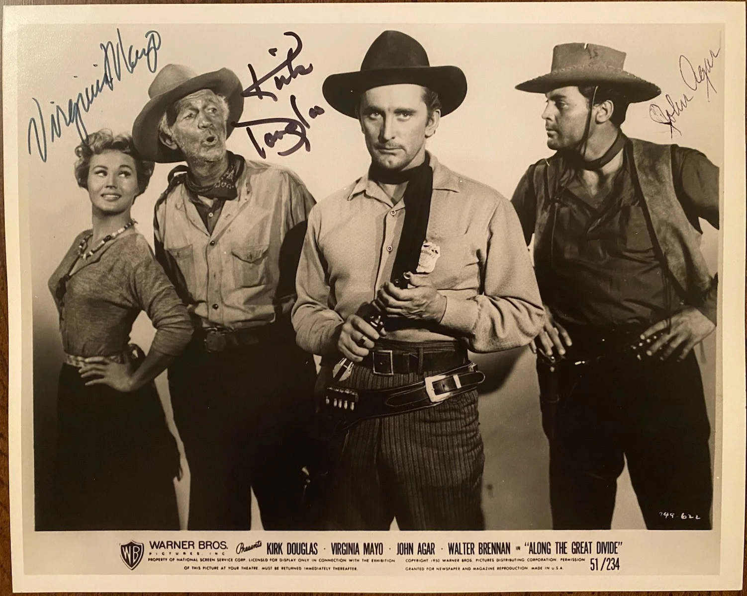 Kirk Douglas, Virginia Mayo, John Agar — Along The Great Divide Cast Signed Photo w COA Kirk Douglas Virginia Mayo Agar