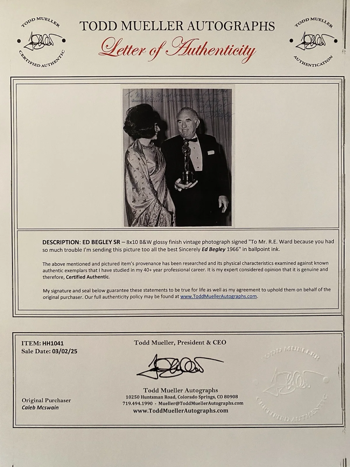 Ed Begley, Ed Begley Sr — Ed Begley Sr Signed Autographed Vintage Photo 1966 With COA Academy Awards RARE, image 5