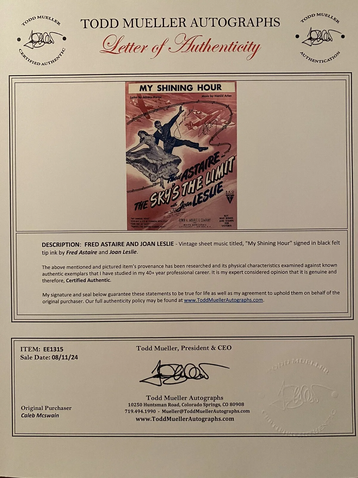 Fred Astaire, Joan Leslie — Fred Astaire Joan Leslie Signed Autograph Sheet Music The Sky’s The Limit w/ COA, image 5
