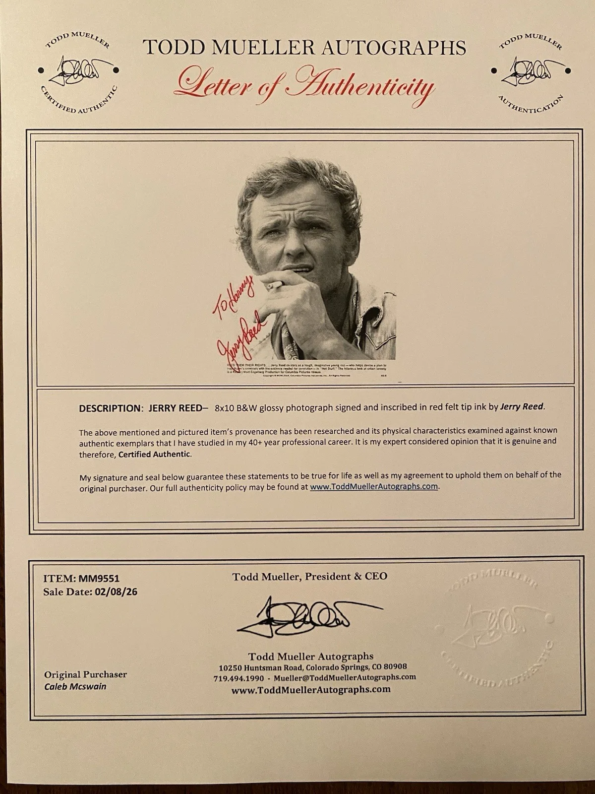 Jerry Reed — Jerry Reed Signed Autographed Photo Young With COA Hot Stuff, image 4