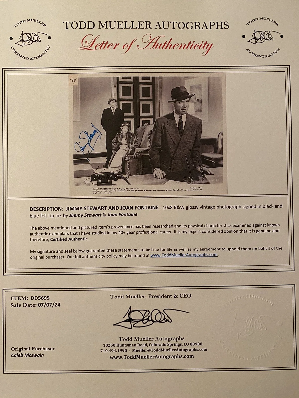 Jimmy Stewart, James Stewart, Joan Fontaine — Jimmy Stewart Joan Fontaine Signed Autographed Photo w/ COA You Gotta Stay Happy, изображение 4
