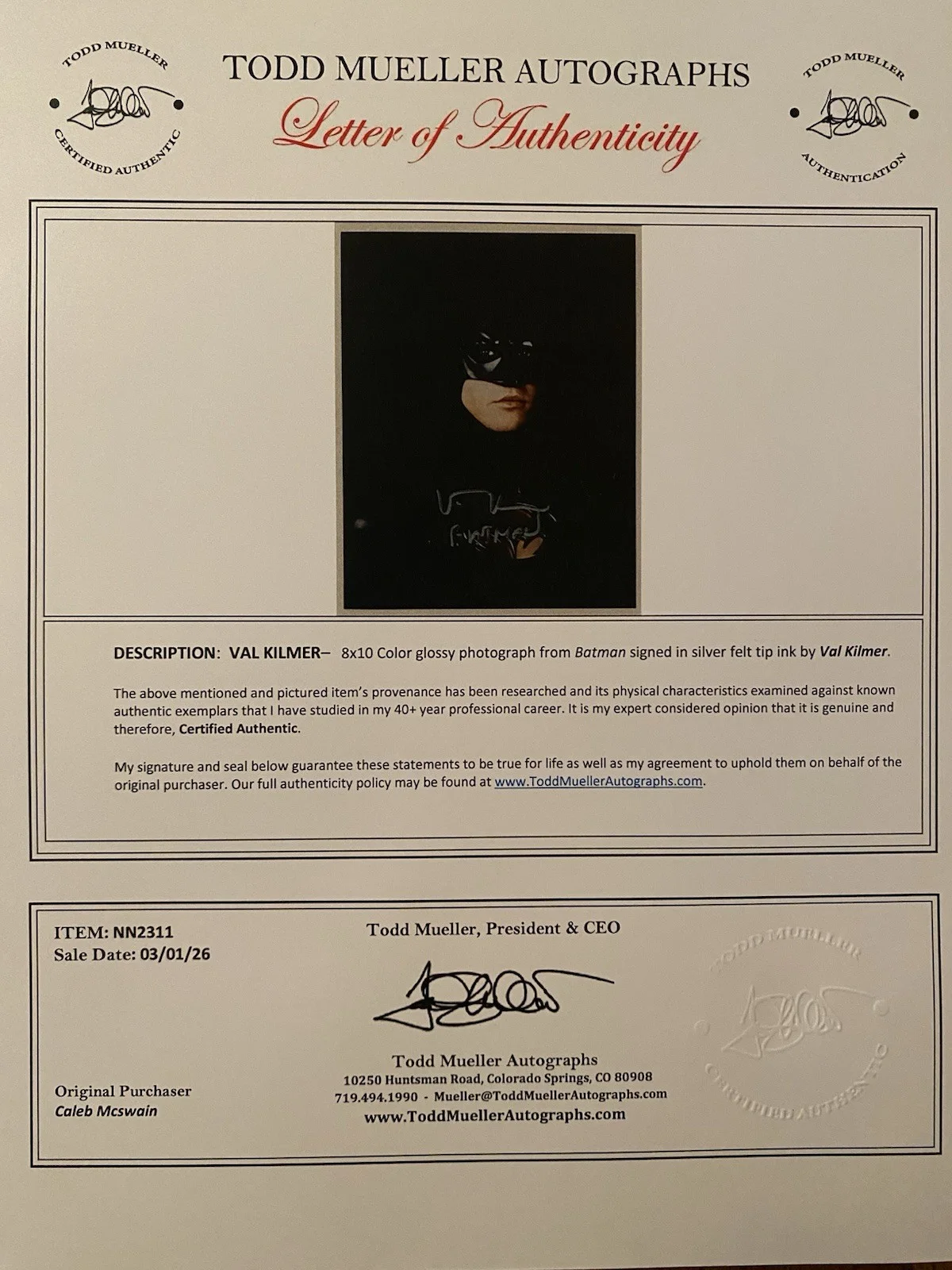Val Kilmer — Val Kilmer Signed Autographed Photo With COA Batman Forever INSCRIPTION, изображение 4