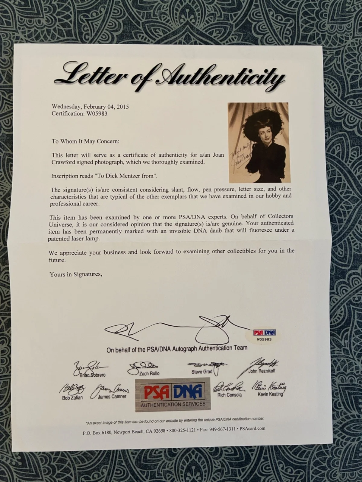Joan Crawford — JOAN CRAWFORD Signed 8x10 DBLWT Portrait Photo PSA/DNA LOA Inscribe Dick Mentzer, изображение 3