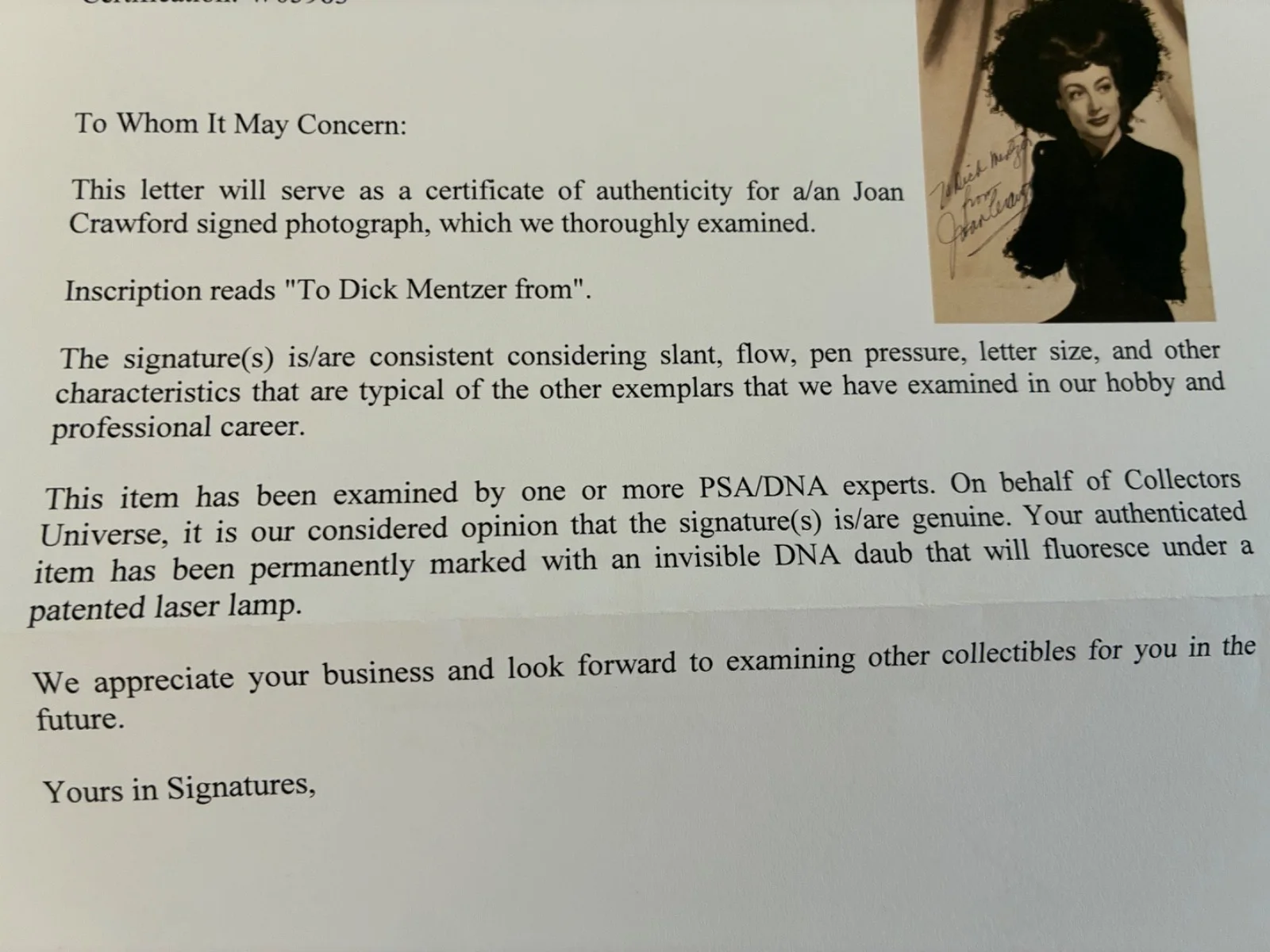 Joan Crawford — JOAN CRAWFORD Signed 8x10 DBLWT Portrait Photo PSA/DNA LOA Inscribe Dick Mentzer, изображение 4