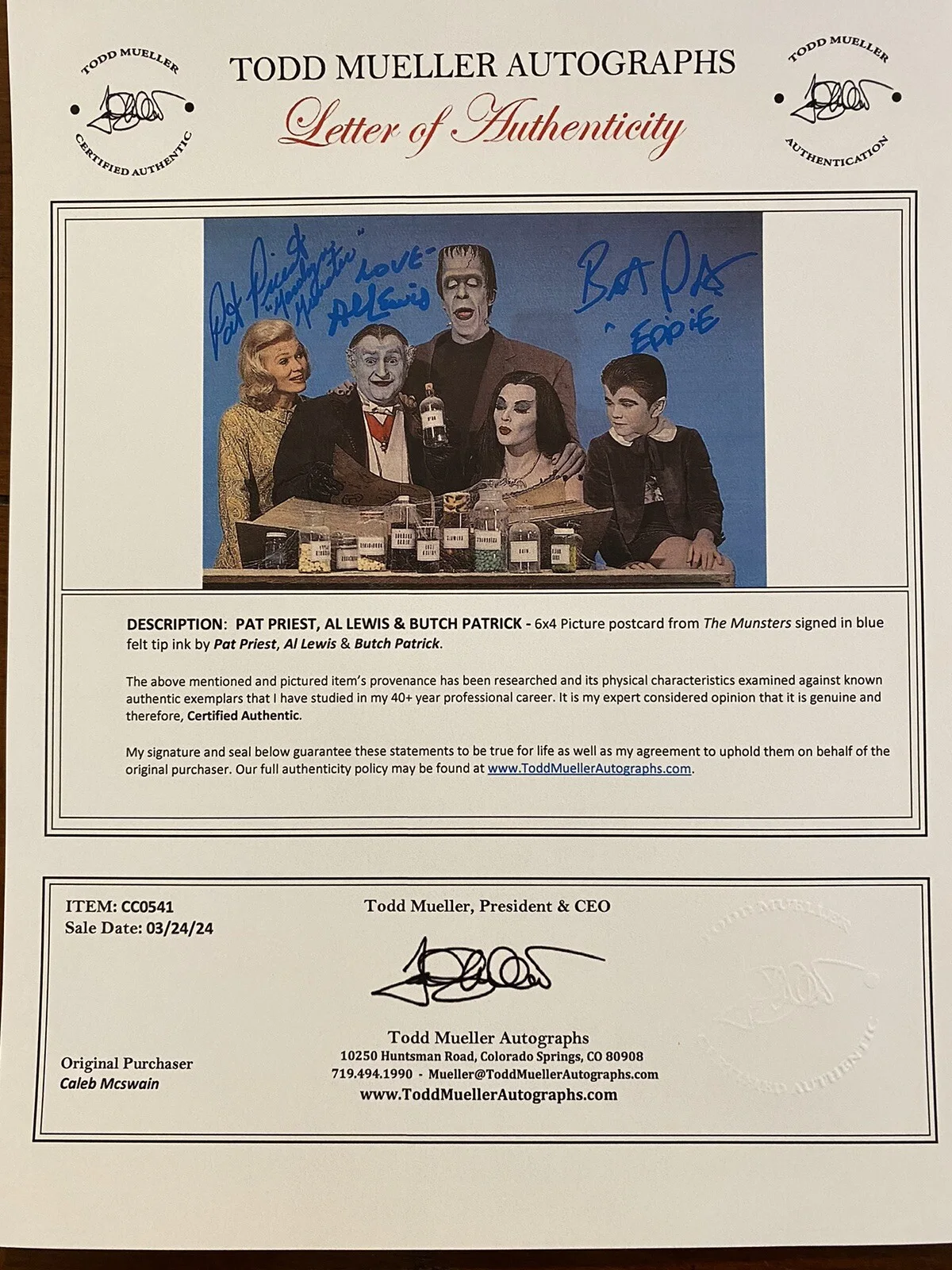 Al Lewis, Pat Priest, Butch Patrick — The Munsters Cast Signed Autographed Postcard By 3 With COA Priest Lewis Patrick, image 5