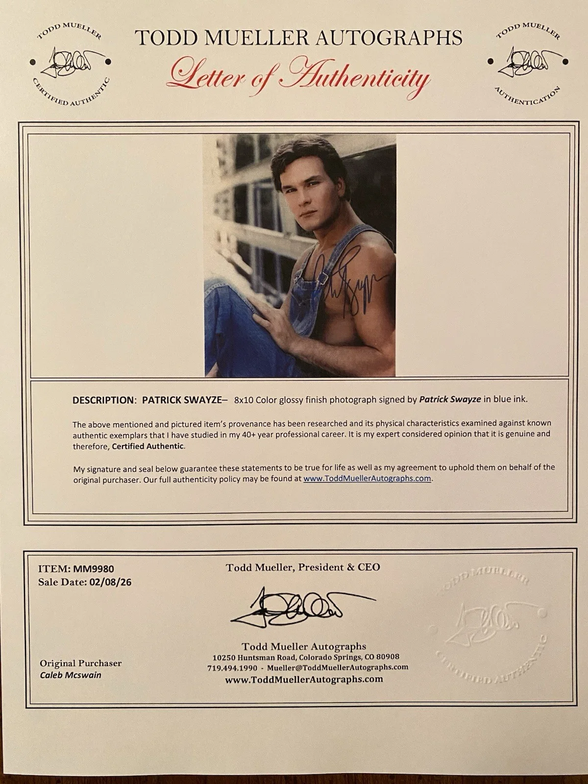 Patrick Swayze — Patrick Swayze Signed Autographed Photo With COA Red Dawn The Outsiders Ghost, image 4