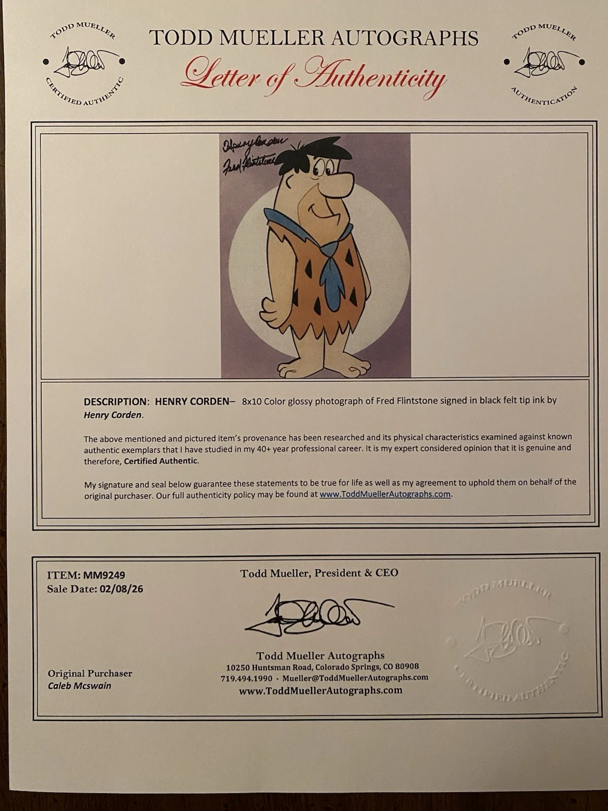 Henry Corden — Henry Corden Signed Autographed Fred Flintstone Photo With COA The Flintstones, image 4