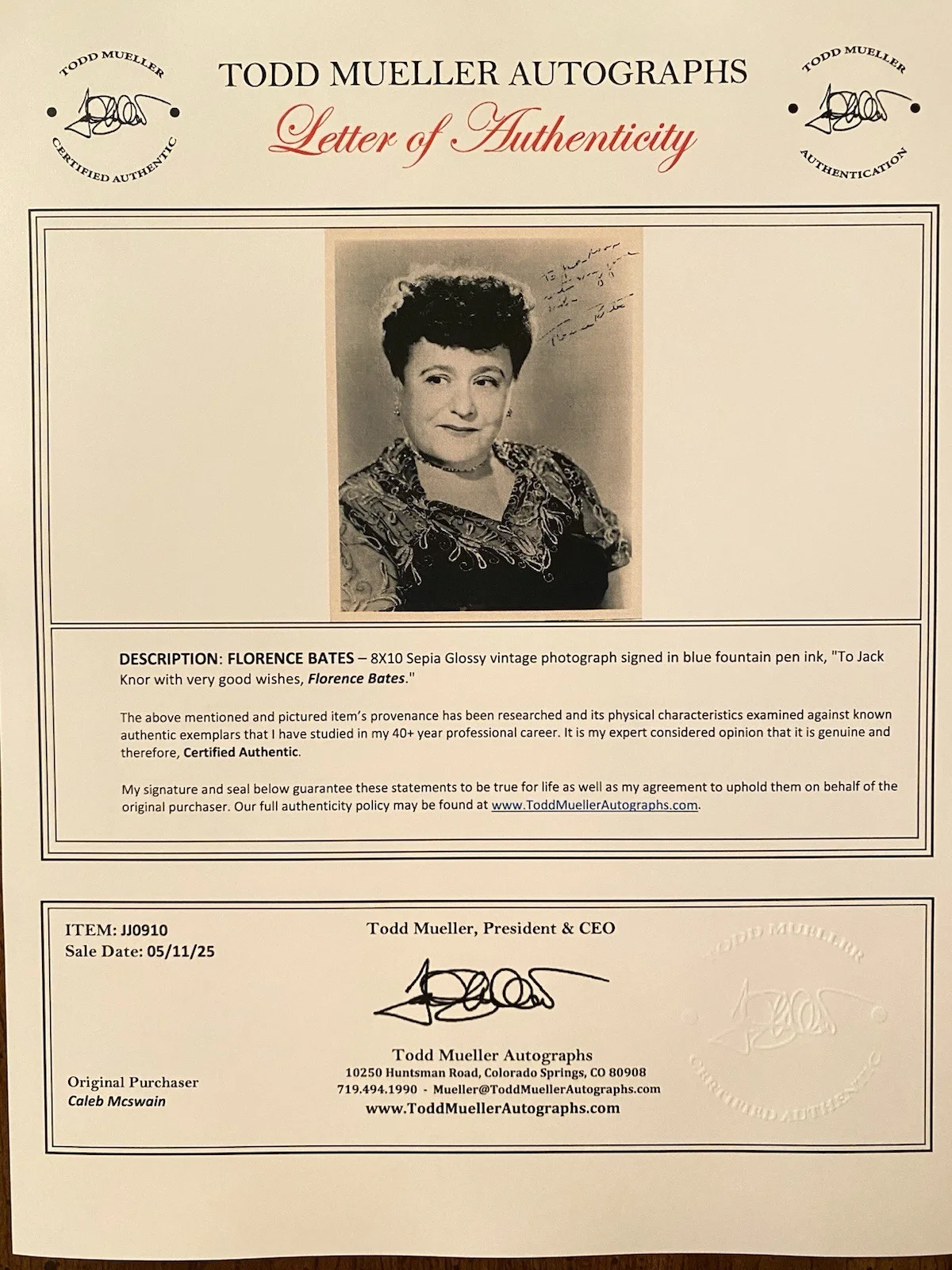 Florence Bates — Florence Bates Signed Autographed Photo With COA Rebecca Kismet Love Crazy RARE, изображение 4
