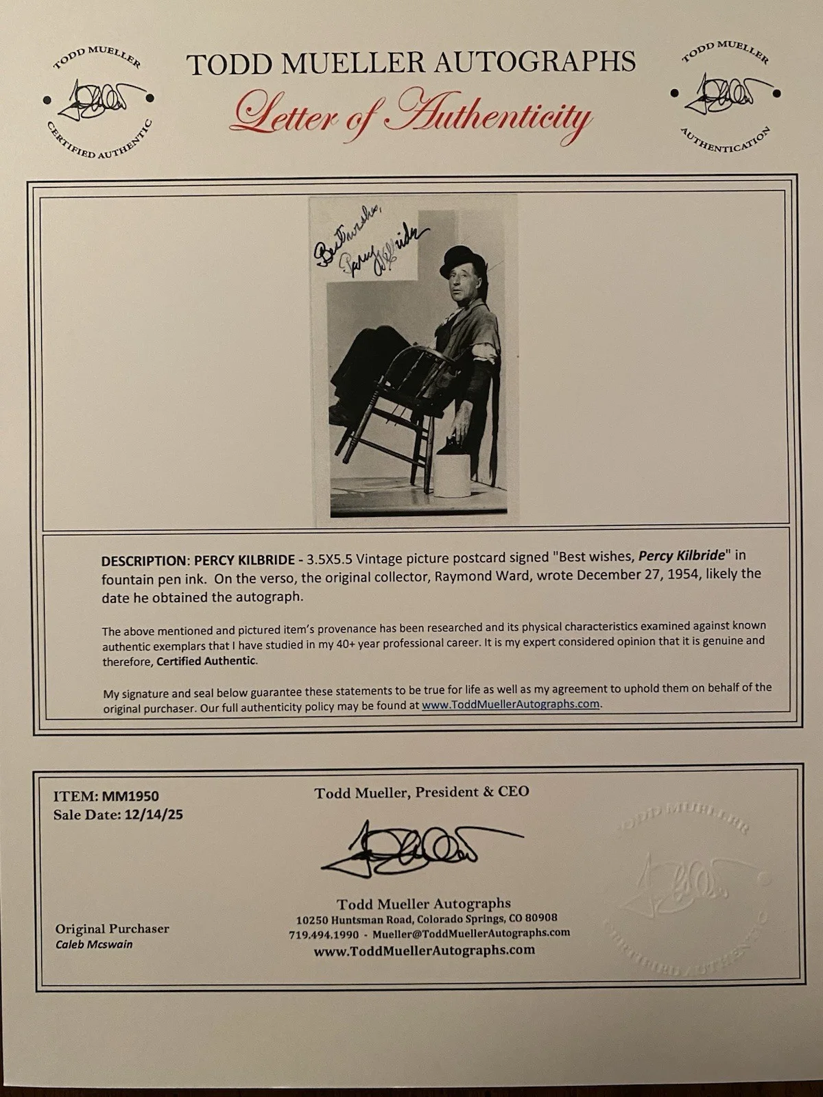 Percy Kilbride — Percy Kilbride Signed Autographed Photo With COA Ma And Pa Kettle RARE, image 4