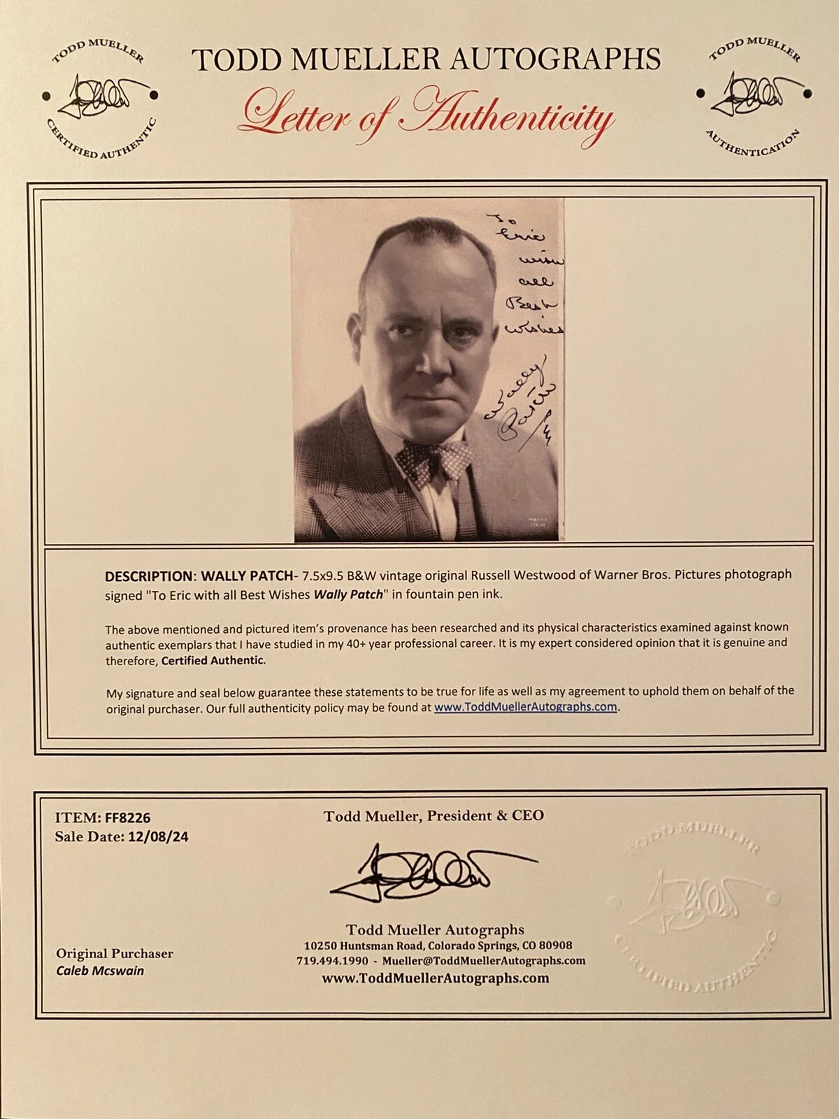 Wally Patch — Wally Patch Signed Autographed Photo With COA Don Quixote The Skin Game RARE, image 4