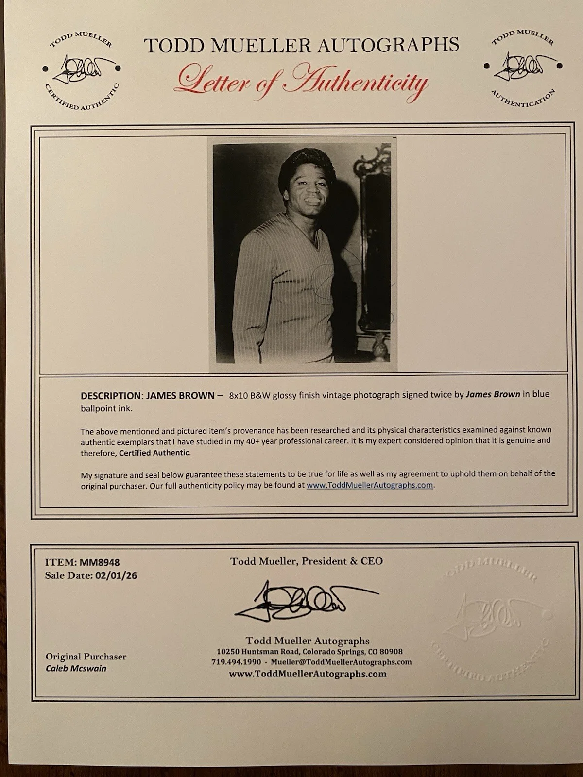 James Brown Signed Autographed Photo With COA Soul Singer I Feel Good Get Up, изображение 4