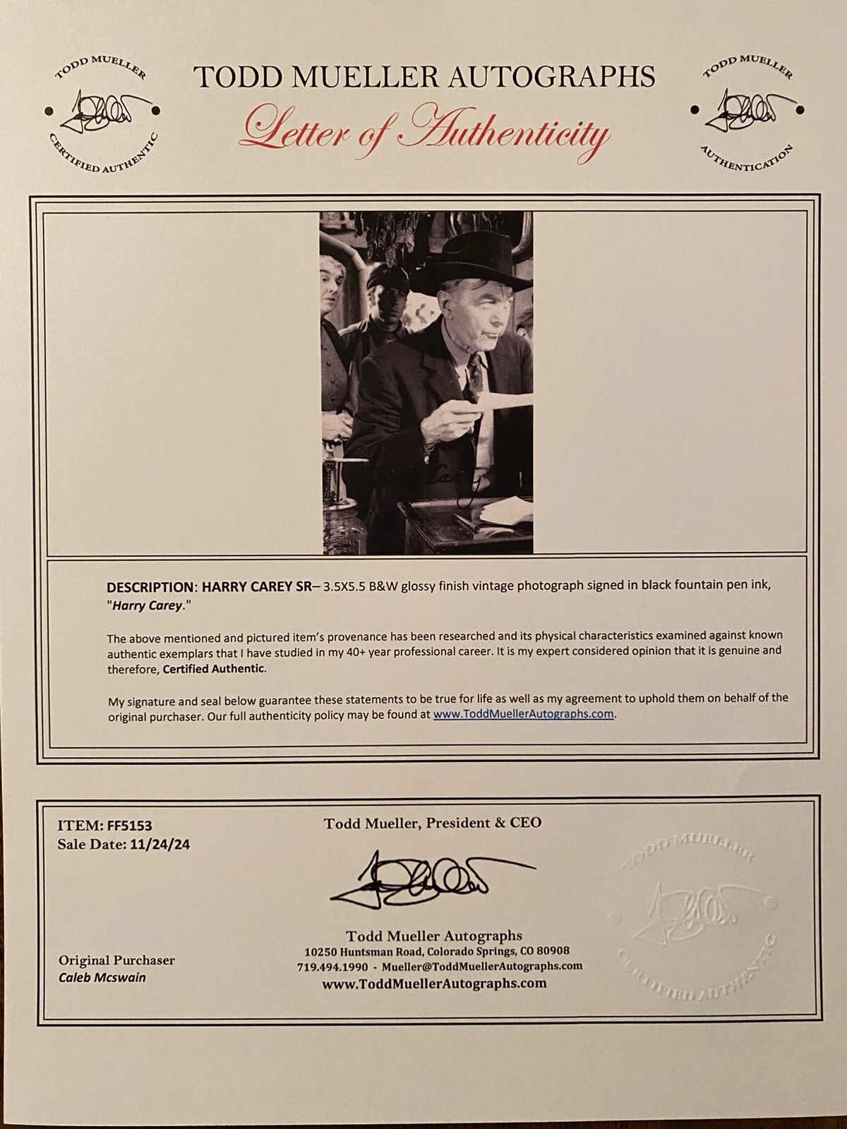 Harry Carey Sr — Harry Carey Sr Signed Autographed Photo w COA Mr Smith Goes To Washington RARE, изображение 3