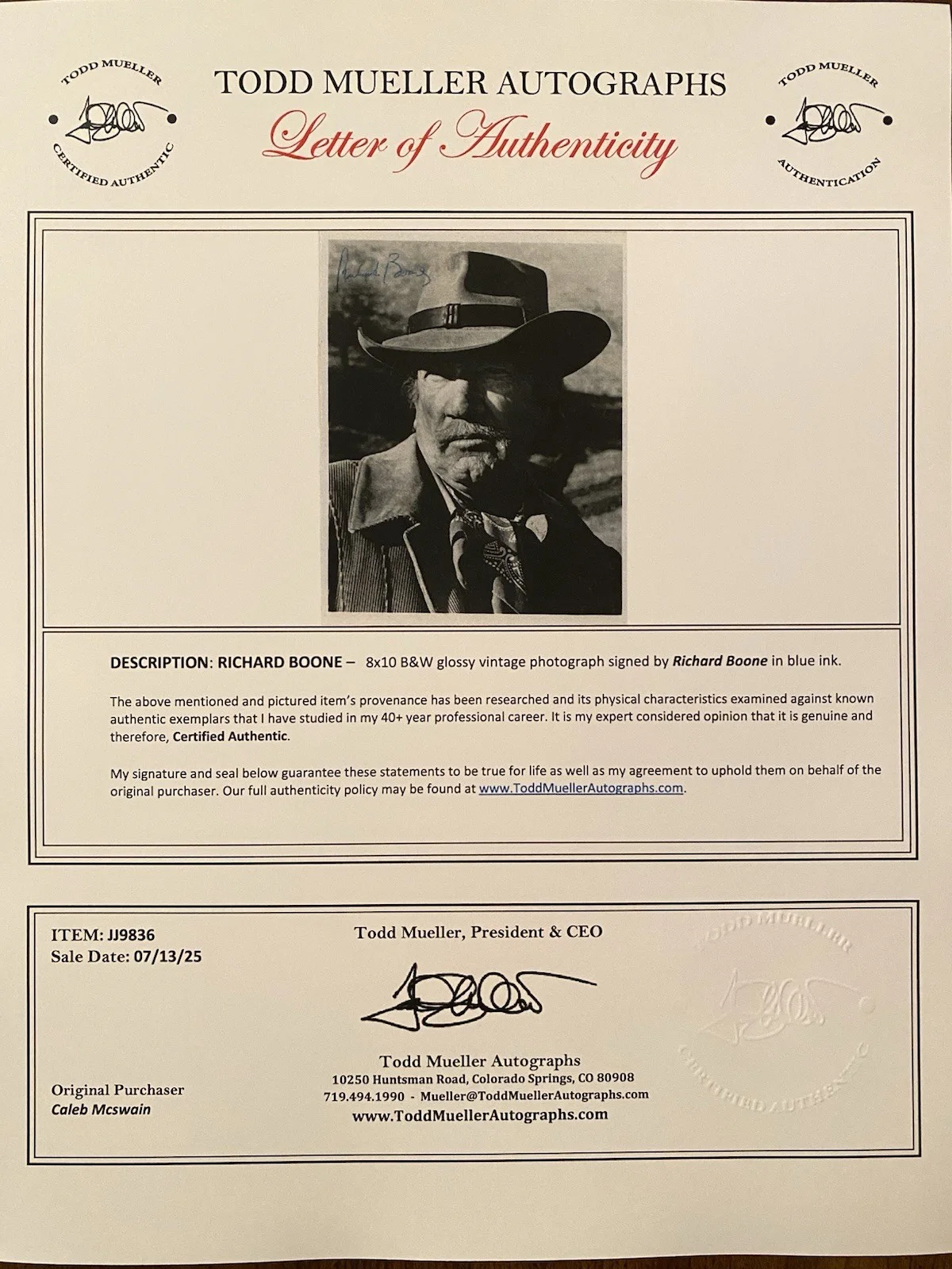 Richard Boone — Richard Boone Signed Autographed Photo w COA The Shootist Have Gun Will Travel, изображение 4