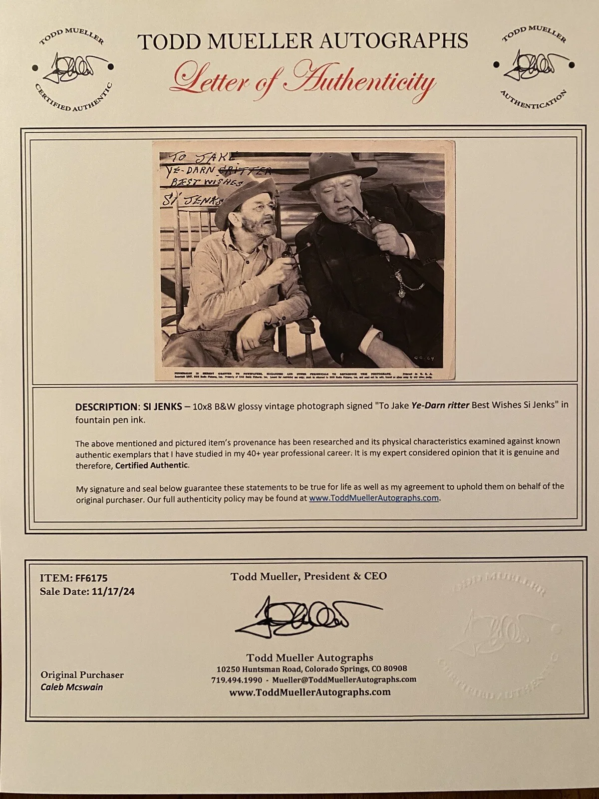 Si Jenks — Si Jenks Signed Autographed Photo With COA Stagecoach Don’t Tell The Wife RARE, изображение 4