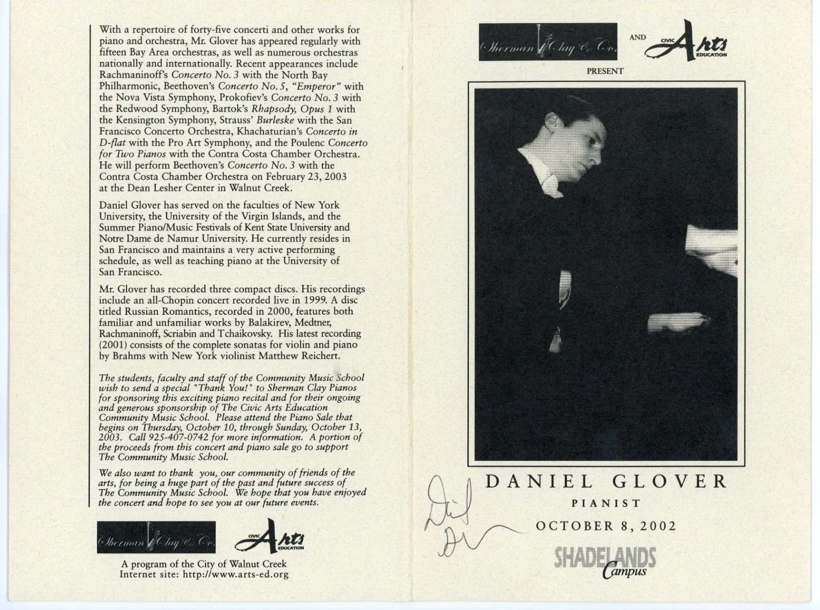 Daniel Glover [Pianist] 2002 Concert Program Autographed (Auto / NO COA) Piano, image 3