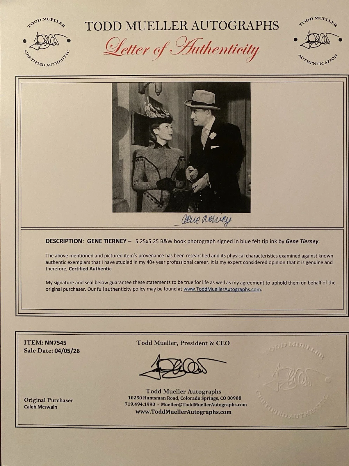 Gene Tierney — Gene Tierney Signed Autographed Photo With COA The Ghost And Mrs Muir, изображение 4
