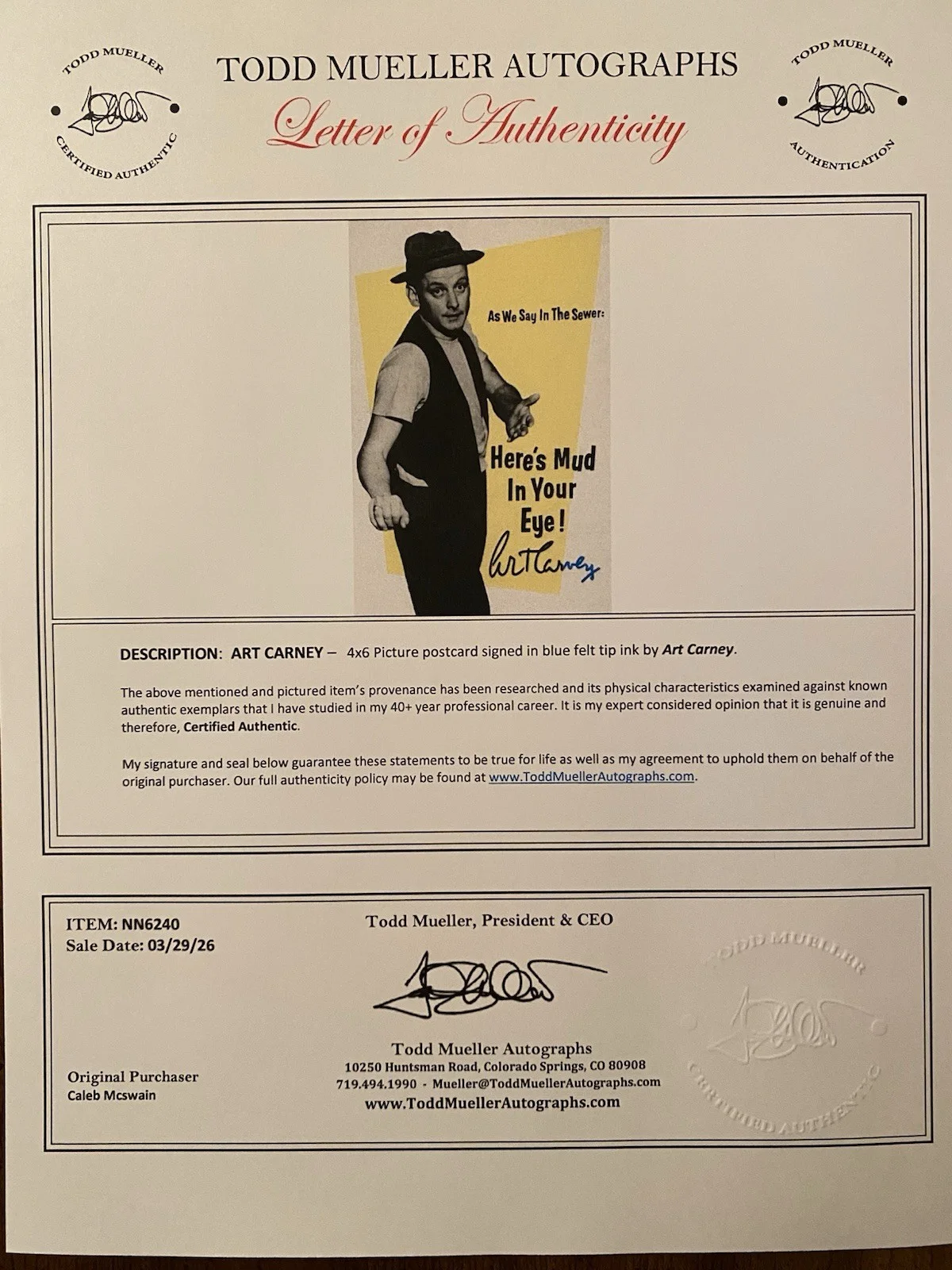 Art Carney — Art Carney Signed Autographed Vintage Postcard With COA The Honeymooners Norton, изображение 5