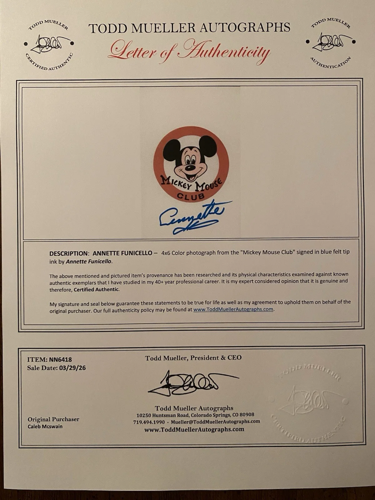 Annette Funicello — Annette Funicello Signed Autographed Photo The Mickey Mouse Club With COA Annet, image 4