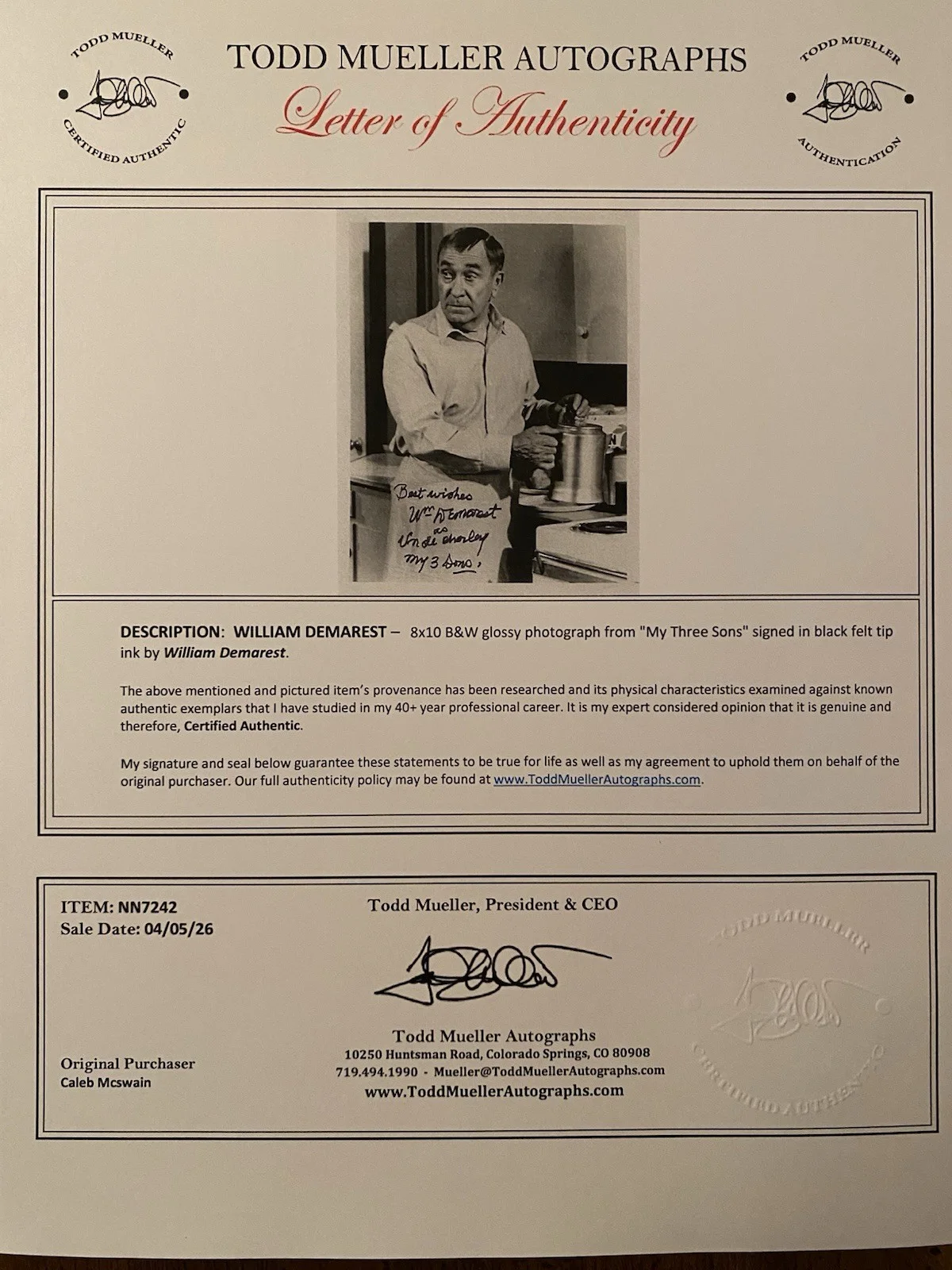 William Demarest — William Demarest Signed Autographed Photo With COA Uncle Charley My Three Sons, image 4