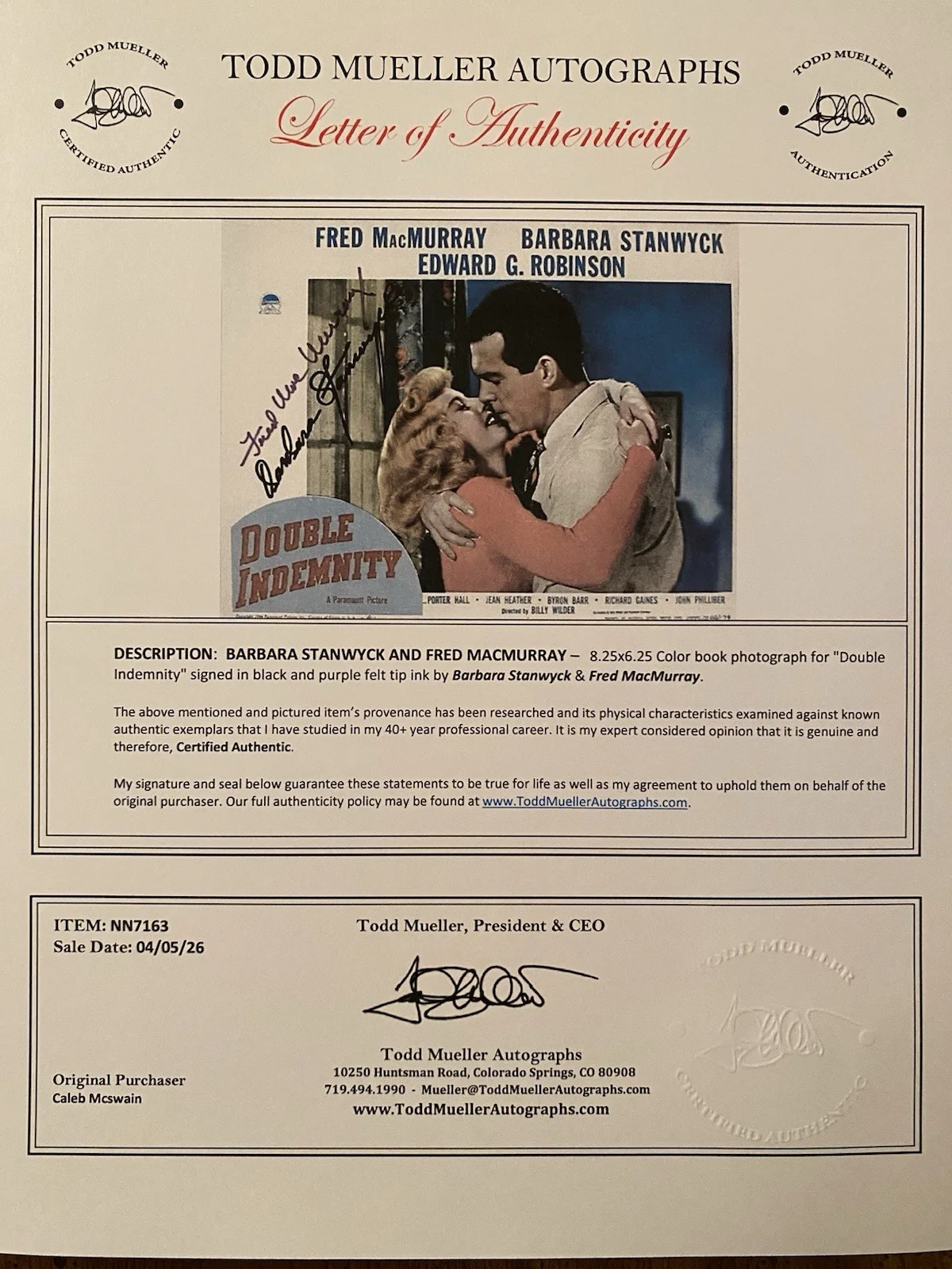 Barbara Stanwyck, Fred MacMurray — Barbara Stanwyck Fred MacMurray Signed Autographed Photo w/ COA Double Indemnity, изображение 5