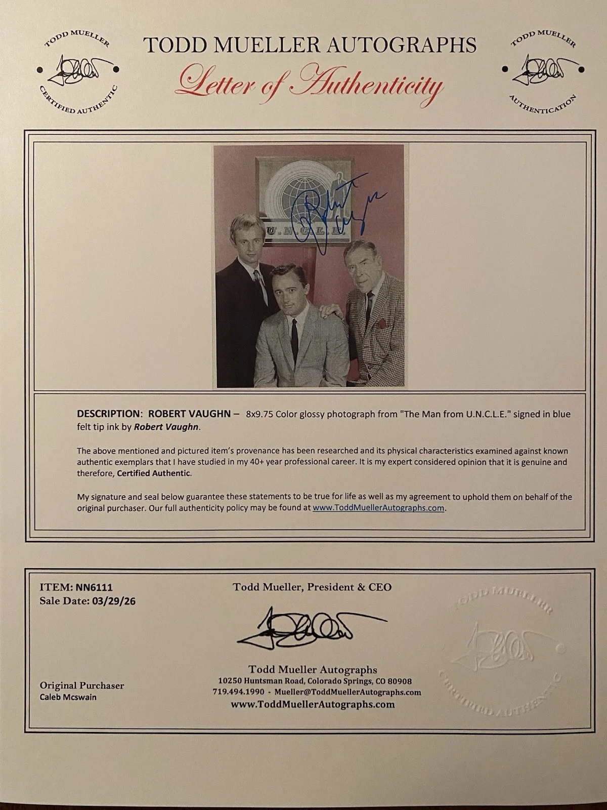 Robert Vaughn — Robert Vaughn Signed Autographed Photo With COA The Man From UNCLE, image 4
