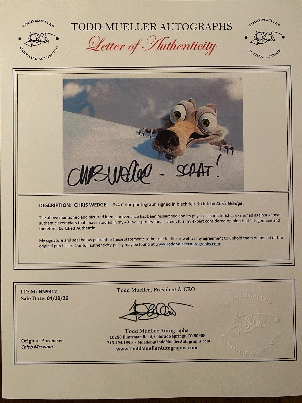 Chris Wedge — Chris Wedge Signed Autographed Photo With COA Ice Age Scrat Blue Sky Studios, изображение 5