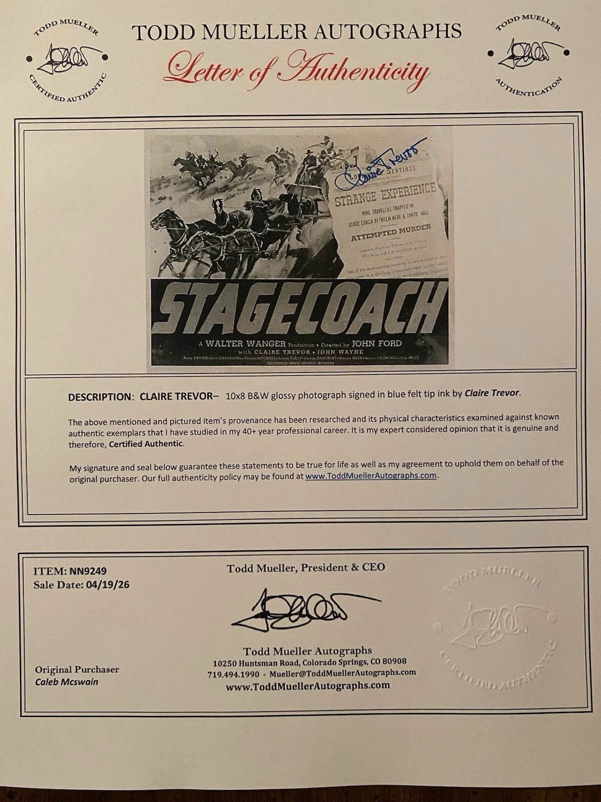 Claire Trevor — Claire Trevor Signed Autographed Photo With COA Stagecoach 1939, изображение 4