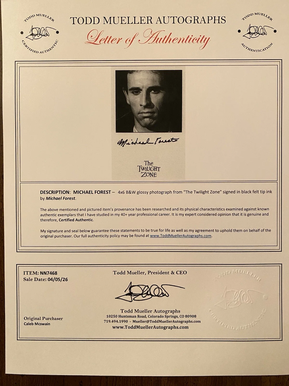Michael Forest — Michael Forest Signed Autographed Photo With COA The Twilight Zone, image 4