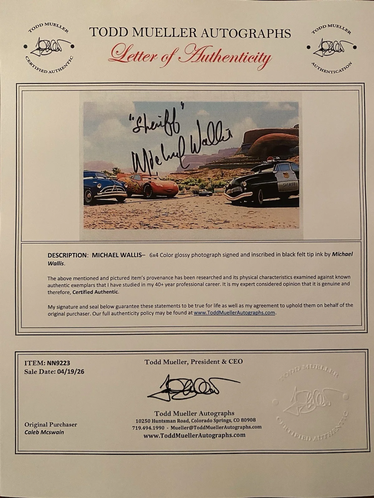 Michael Wallis — Michael Wallis Signed Autographed Photo With COA Cars Sheriff Pixar, изображение 4