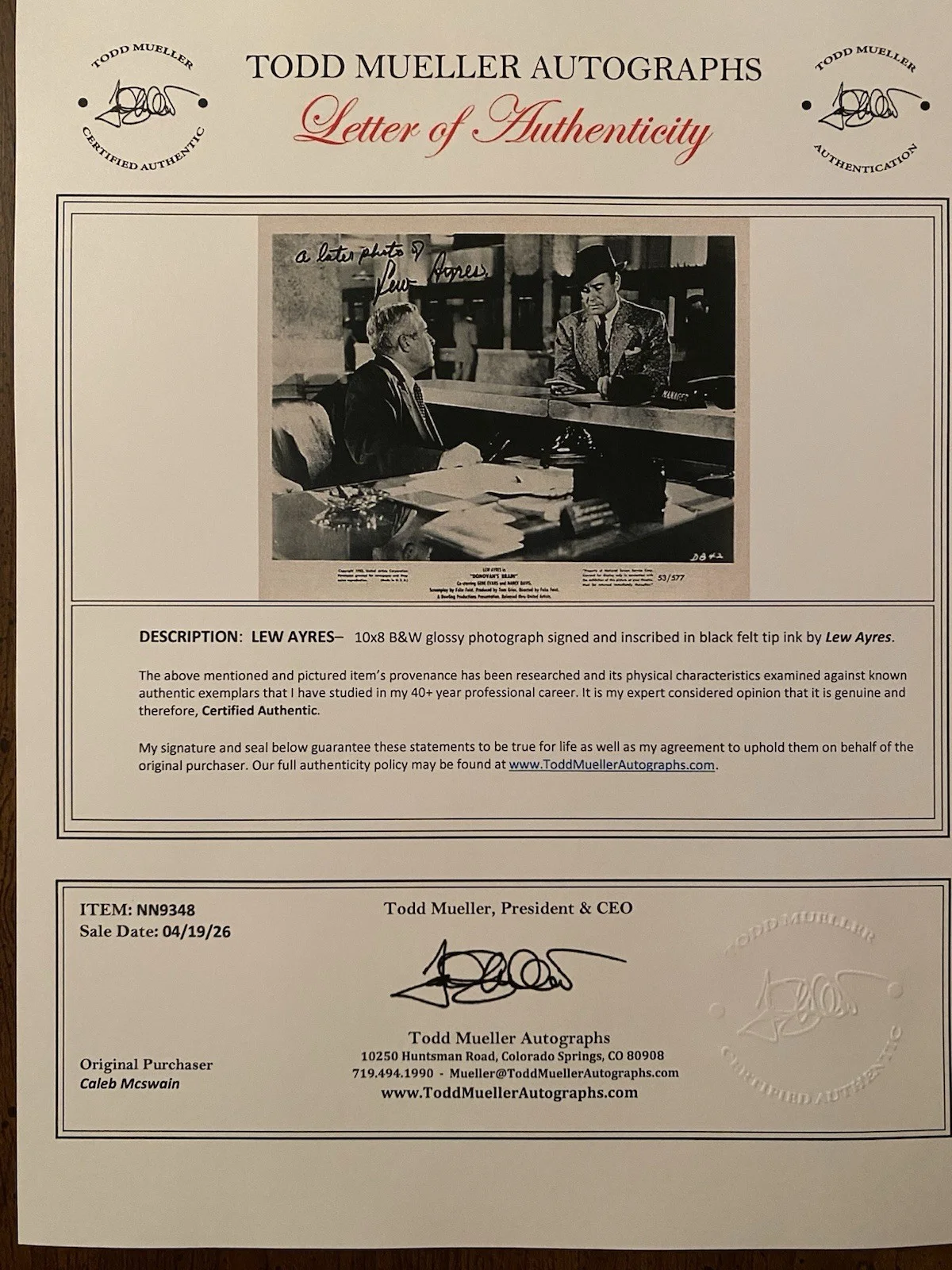 Lew Ayres — Lew Ayres Signed Autographed Vintage 10x8 Photo With COA Donovan’s Brain, image 5