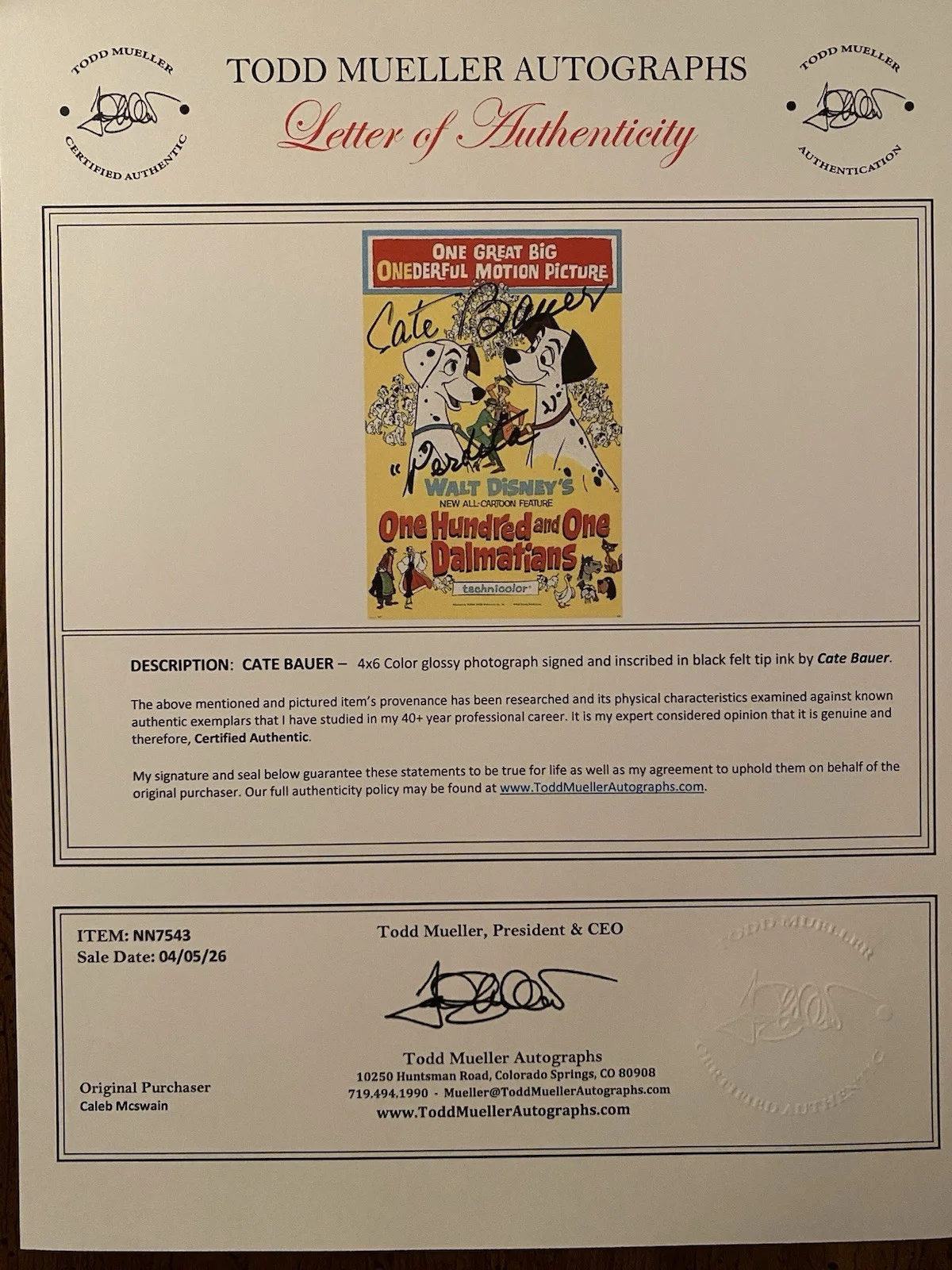 Cate Bauer — Cate Bauer Signed Autographed Photo With COA 101 Dalmatians Perdita, image 4