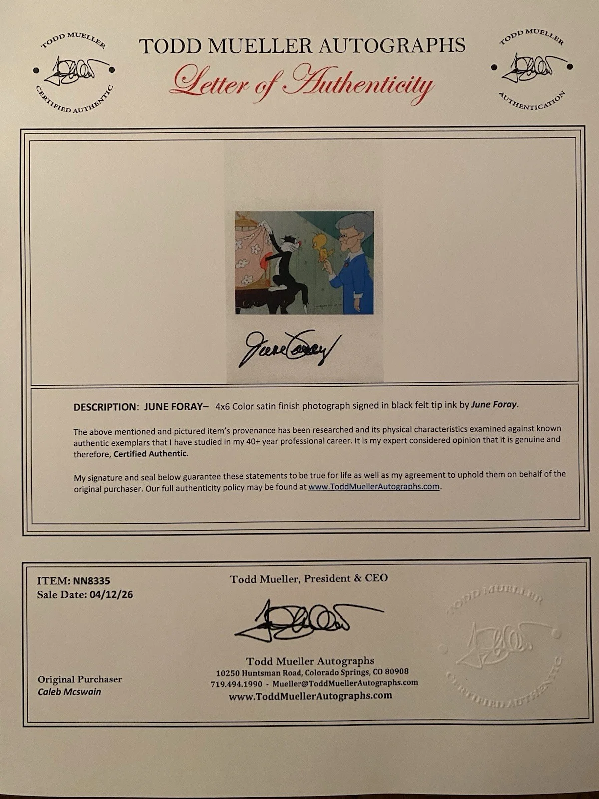 June Foray — June Foray Signed Autographed Photo With COA Granny Looney Tunes Tweety Sylveste, изображение 4