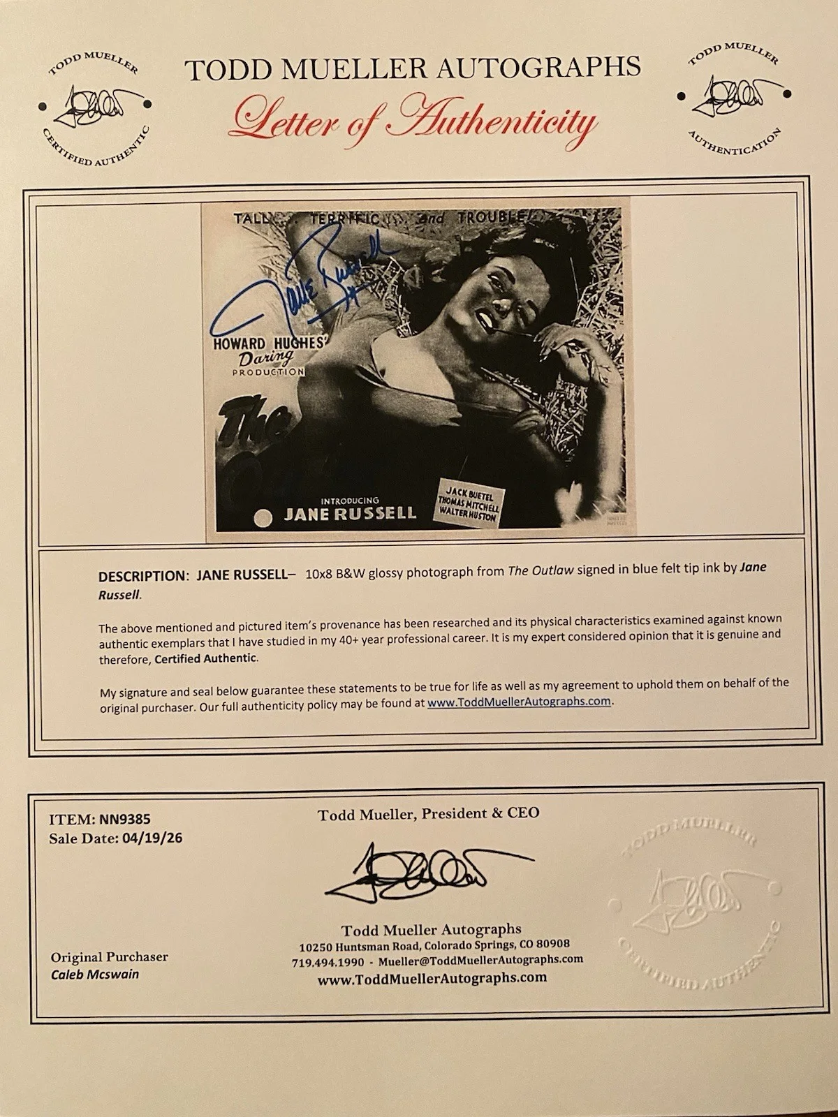 Jane Russell — Jane Russell Signed Autographed 10x8 Photo With COA The Outlaw, image 4