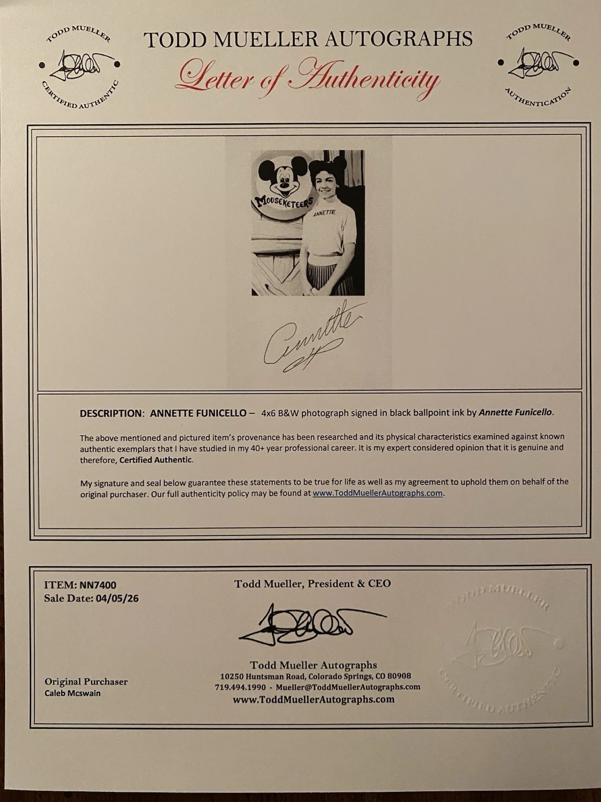 Annette Funicello — ANNETTE FUNICELLO SIGNED PHOTO MOUSEKETEER BEACH PARTY With COA Mickey Mouse Clu, изображение 4