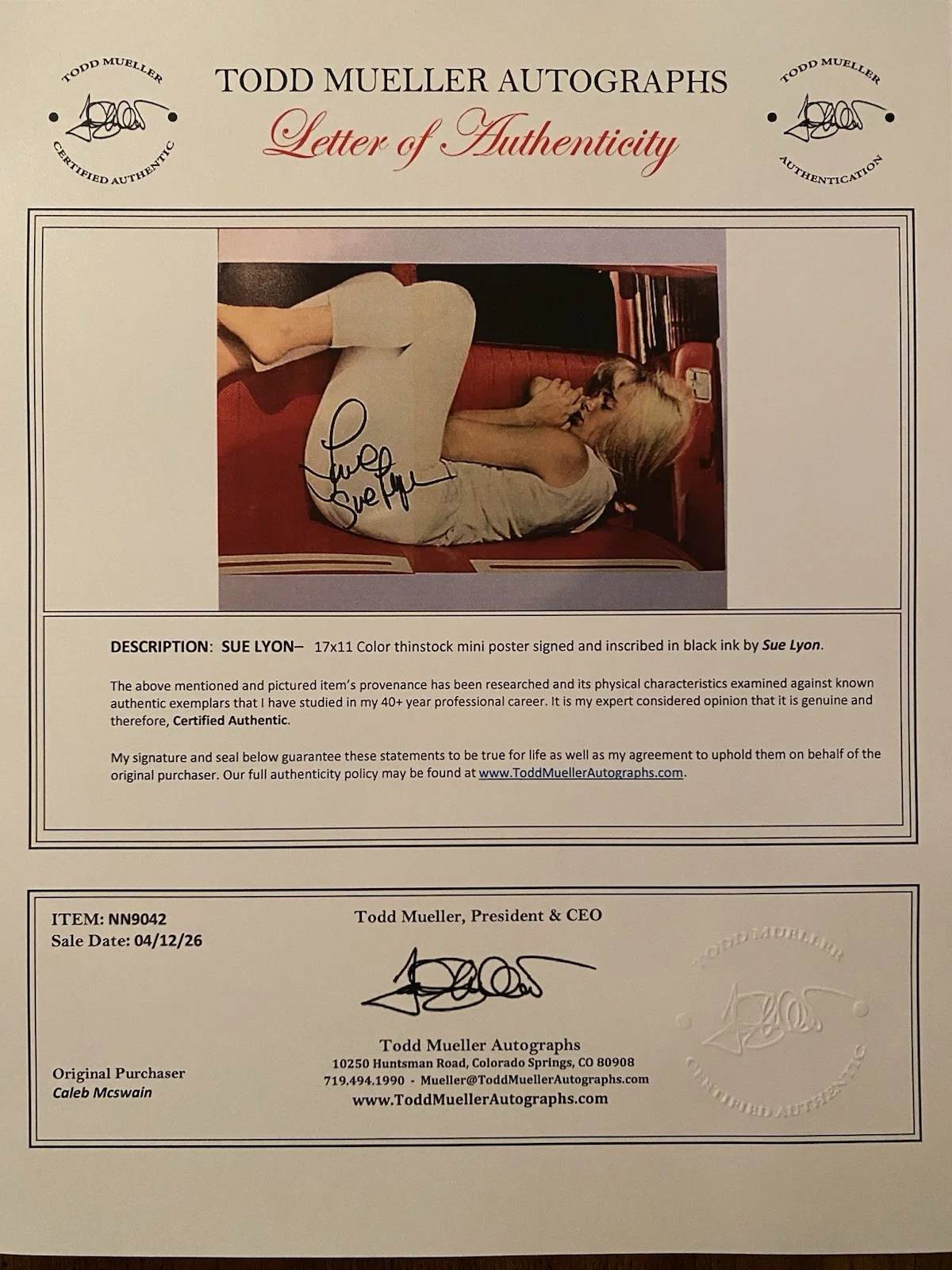Sue Lyon — Sue Lyon Signed Autographed Mini Poster Photo With COA Lolita Tony Rome 7 Women, изображение 4
