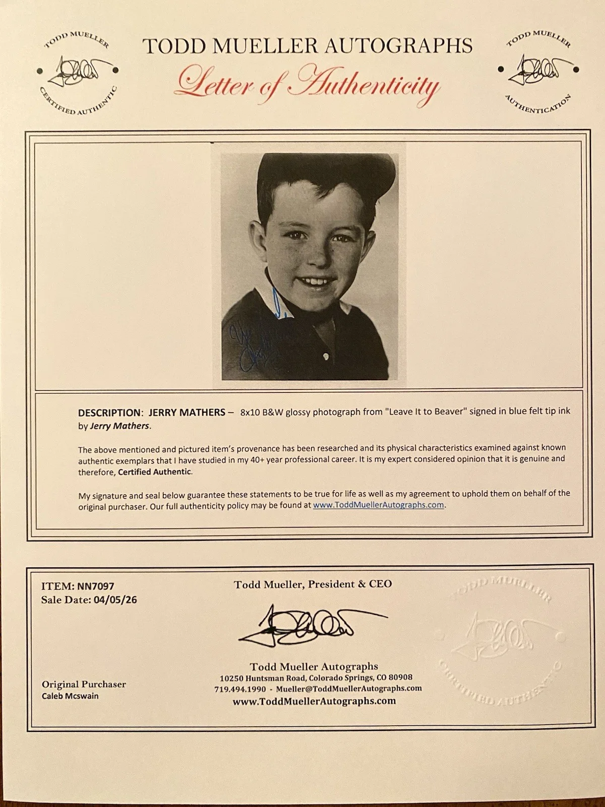 Jerry Mathers — Jerry Mathers Signed Autographed Photo With COA Leave It To Beaver, изображение 4