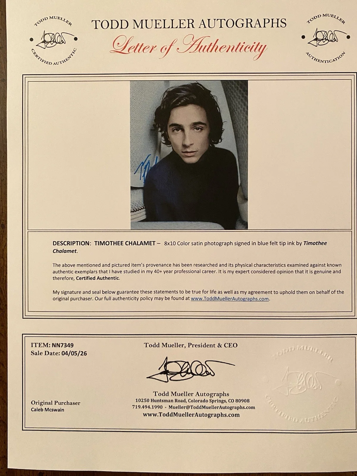 Timothee Chalamet — Timothee Chalamet Signed Autographed 8x10 Photo With COA Wonka Dune, image 4