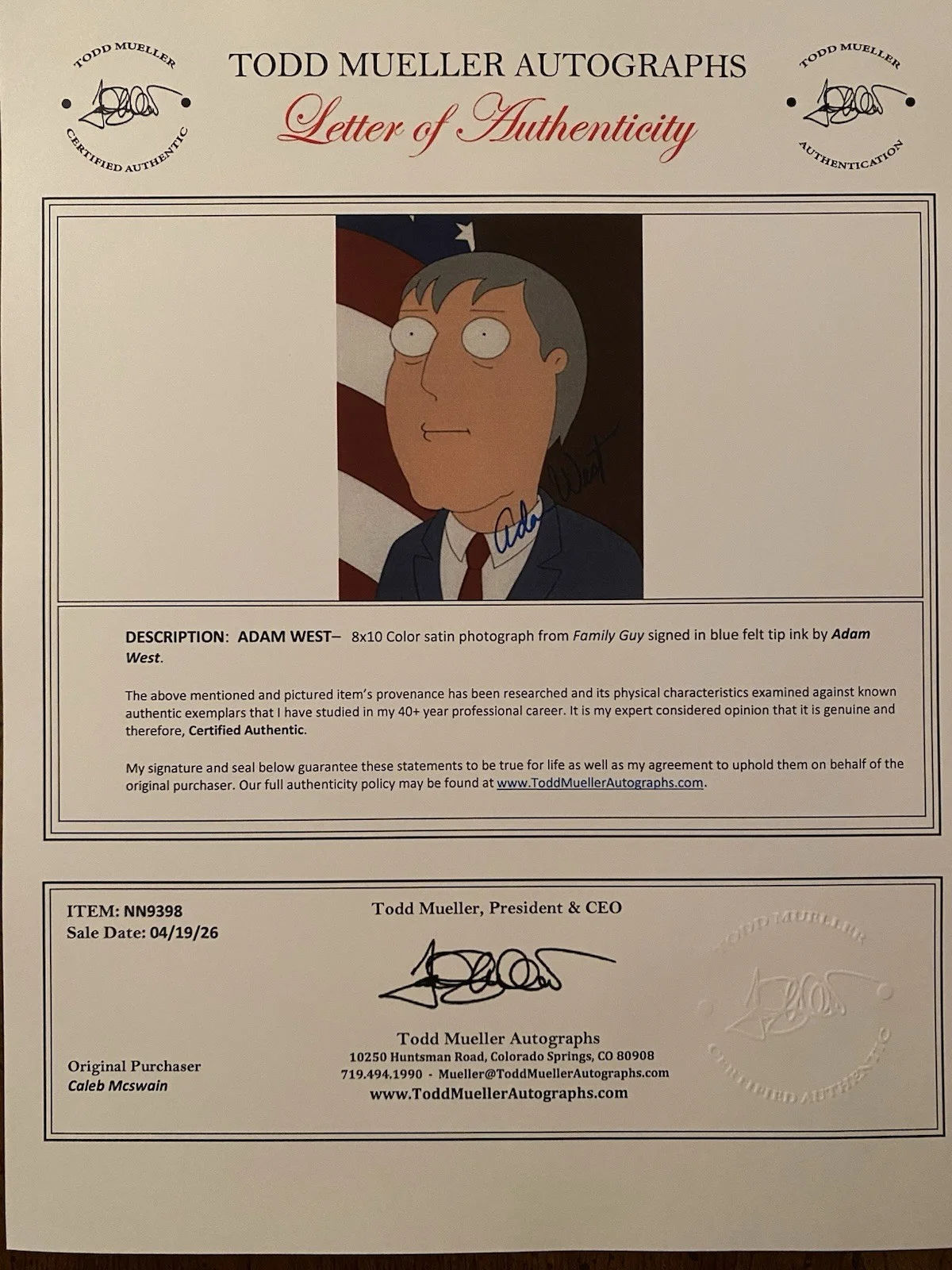 Adam West — Adam West Signed Autographed 8x10 Photo With COA Family Guy Mayor, изображение 4