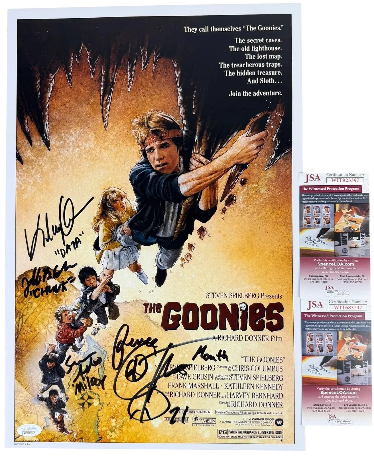 Sean Astin, Corey Feldman, Ke Huy Quan, Jeff Cohen — The Goonies Cast X4 signed 12x18 Poster Jeff Cohen Sean Astin Corey Feldman JSA