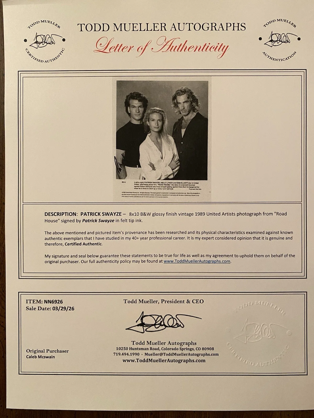 Patrick Swayze — Patrick Swayze Signed Autographed Vintage 8x10 Photo With COA Road House, image 4