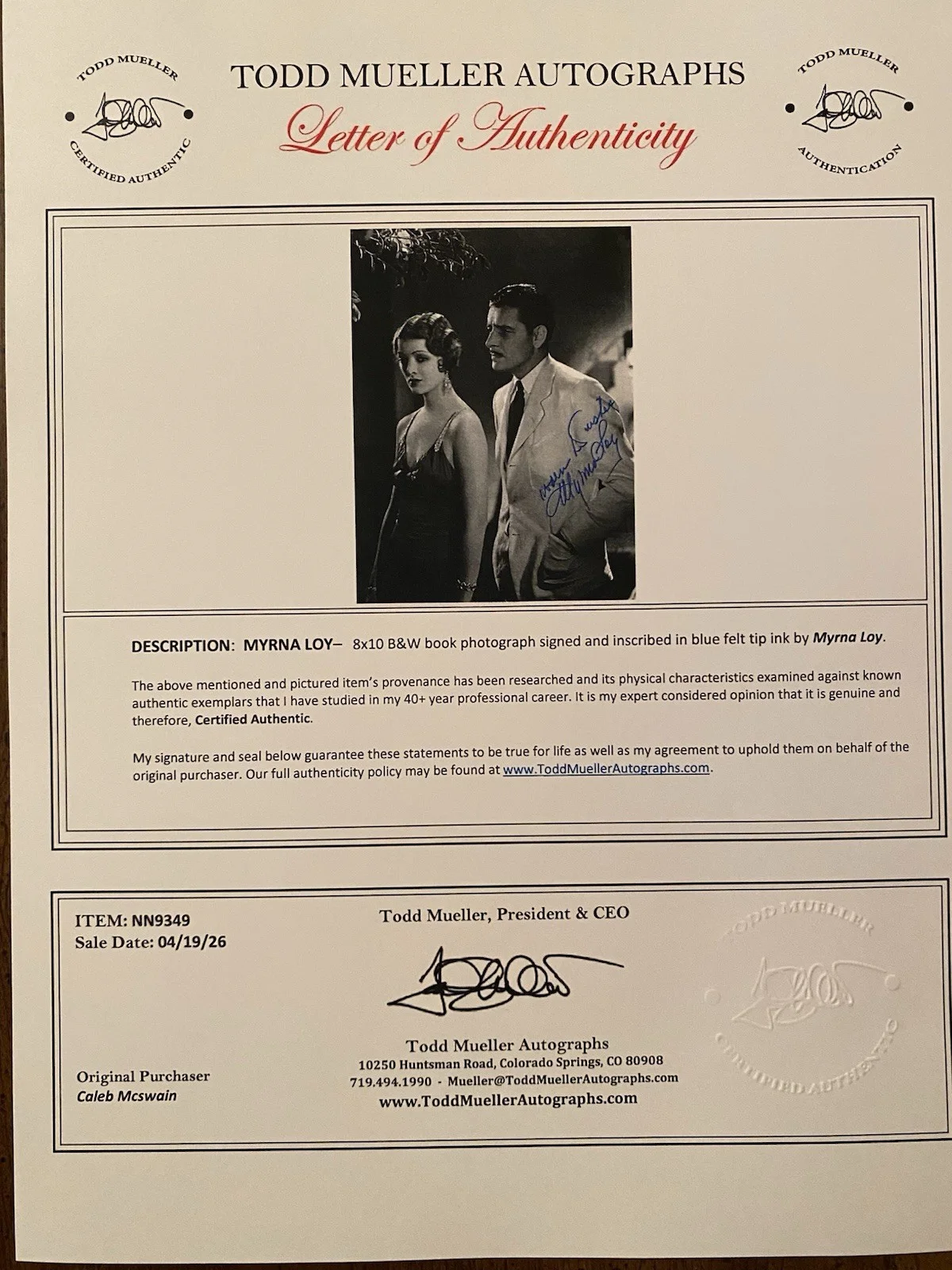 Myrna Loy — Myrna Loy Signed Autographed Photo With COA 13 Women The Thin Man Arrowsmith, изображение 4