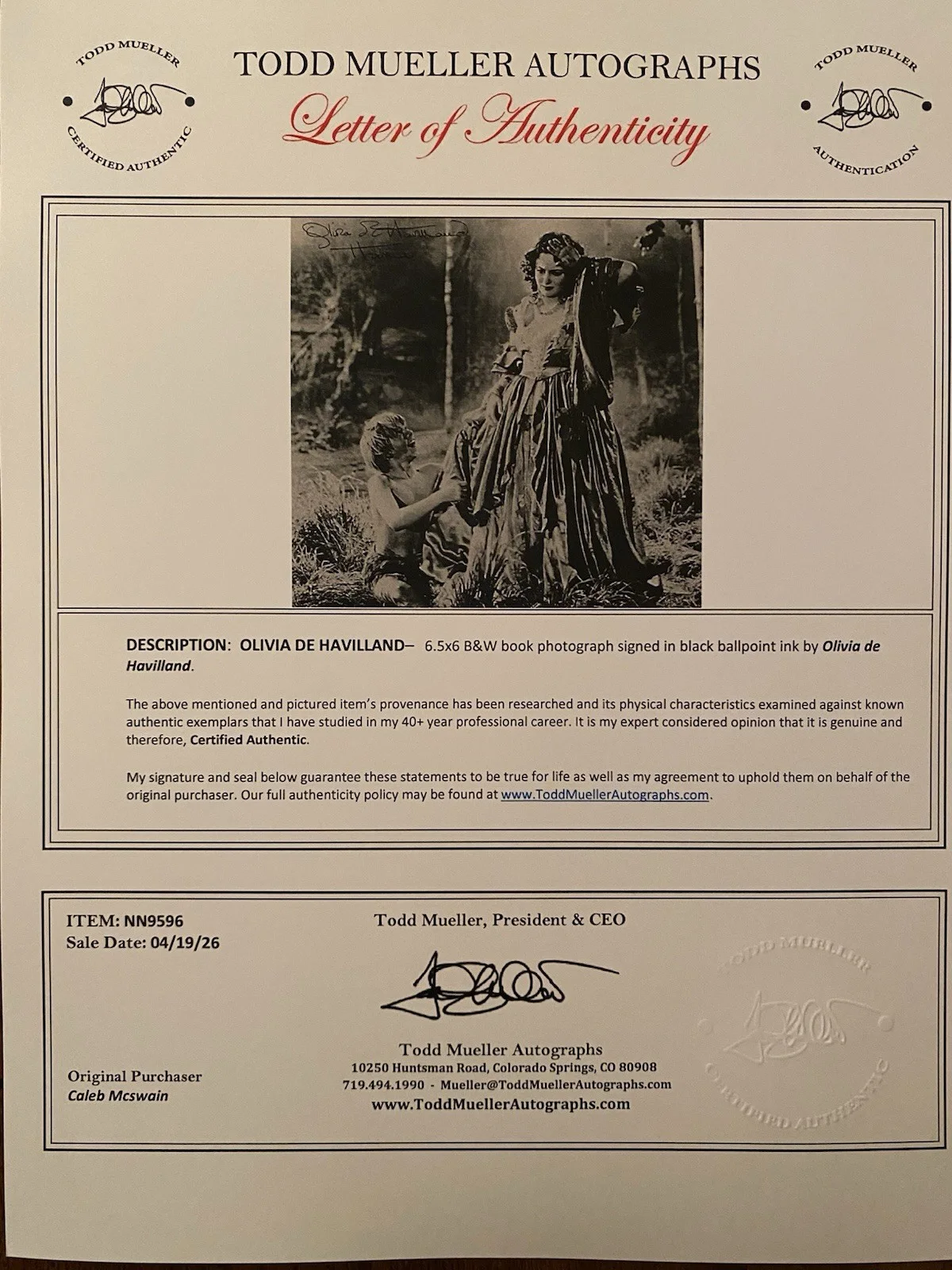 Olivia De Havilland — Olivia De Havilland Signed Autographed Photo With COA A Midsummer Night’s Dream, image 4