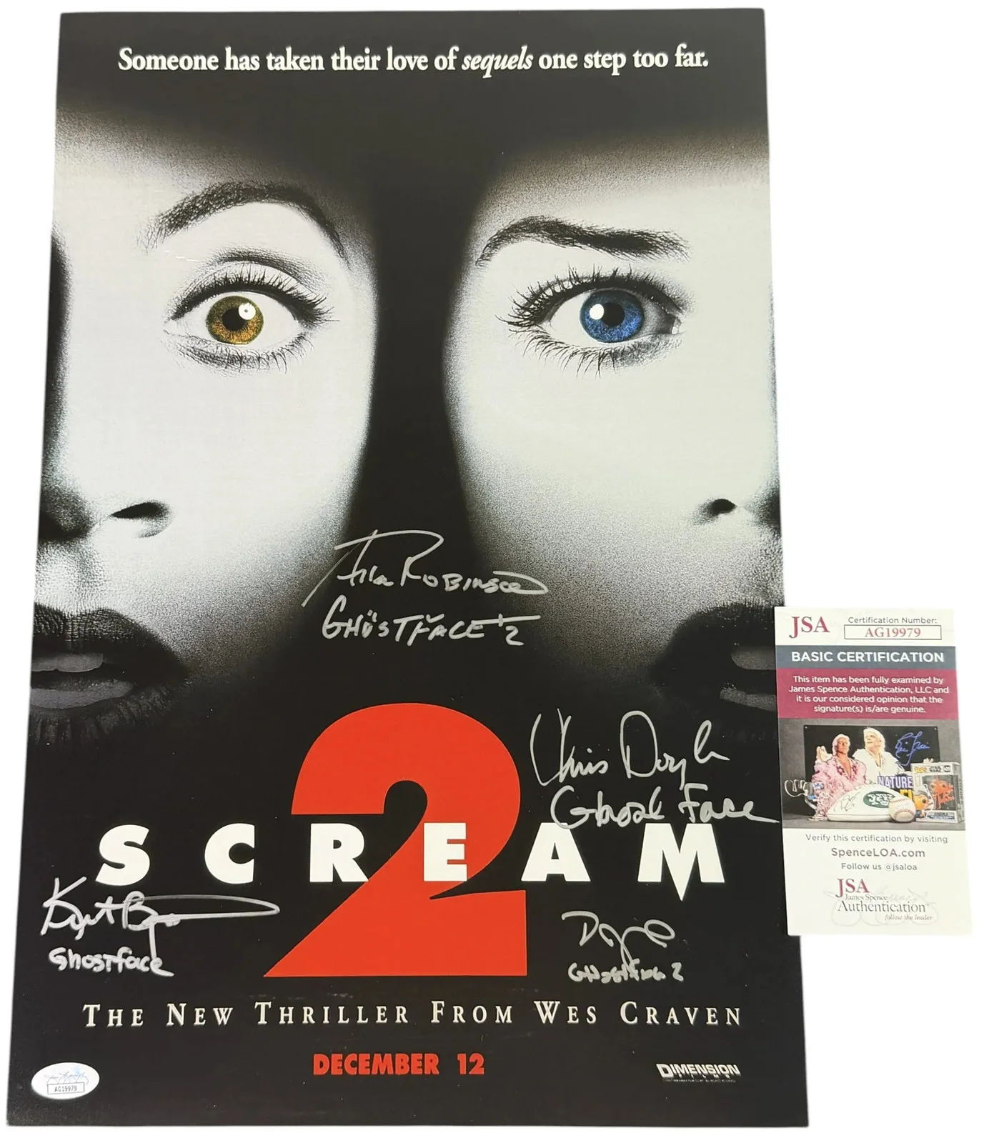 Allen Robinson, Chris Doyle, Kurt Bryant, TJ White — Ghostface Scream 2 X4 Cast signed 12x18 Poster Allen Robinson, Kurt Bryant JSA