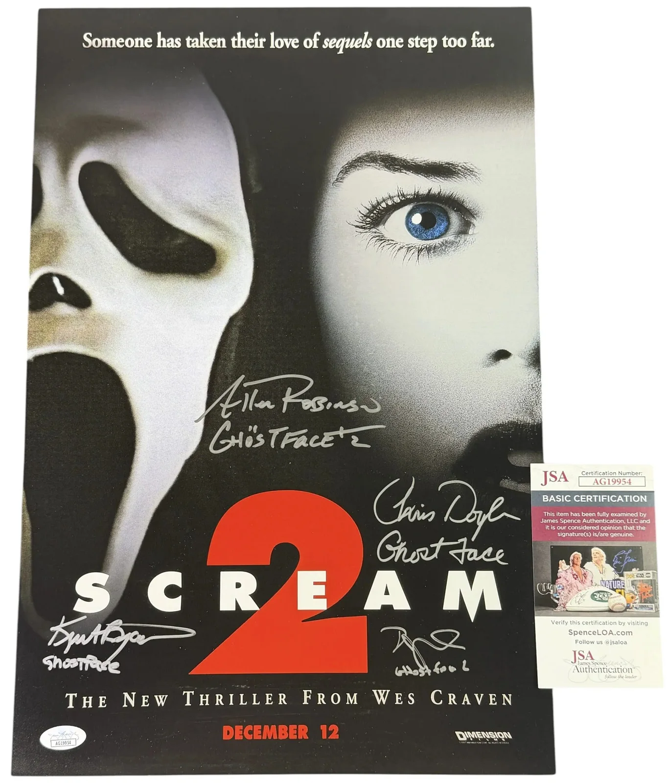 Allen Robinson, Chris Doyle, Kurt Bryant, TJ White — Ghostface Scream 2 X4 Cast signed 12x18 Poster Allen Robinson, Kurt Bryant JSA