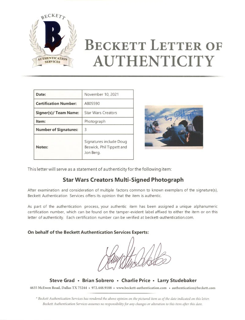 BESWICK BERG TIPPETT SIGNED 11x14 PHOTO ILM AT-AT WALKERS STAR WARS BECKETT BAS, изображение 5