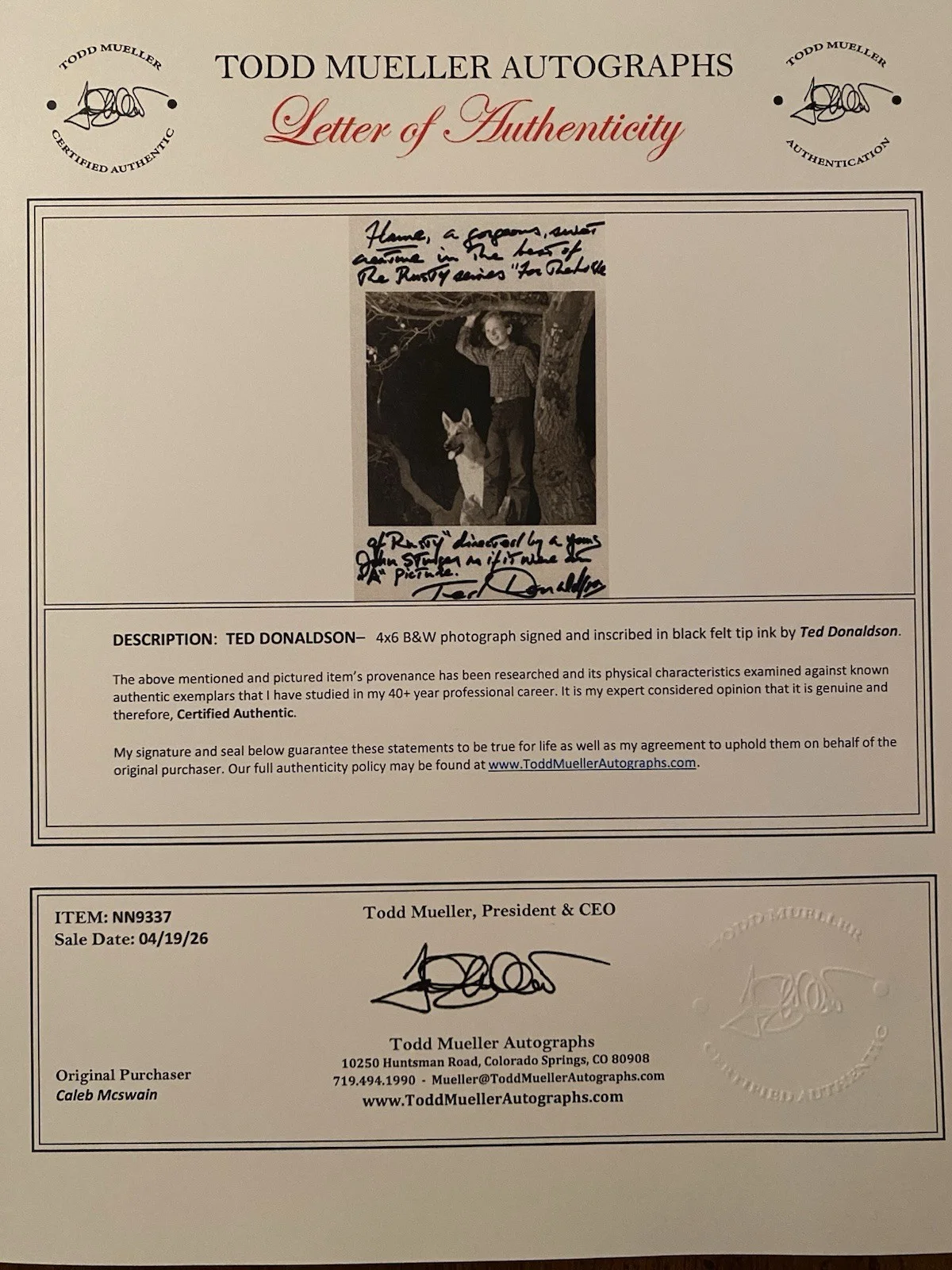Ted Donaldson — Ted Donaldson Signed Autographed Photo w/ COA For The Love Of Rusty INSCRIPTION, изображение 5