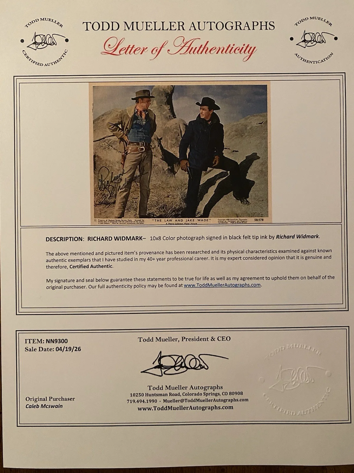 Richard Widmark — Richard Widmark Signed Autographed 10x8 Photo With COA The Law And Jake Wade, изображение 4