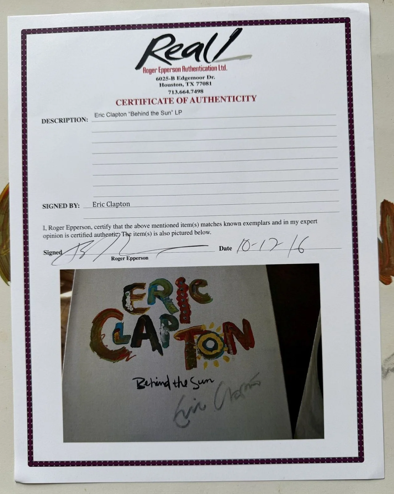Eric Clapton Signed Autographed "Behind the Sun" Record Album : Epperson LOA, image 2